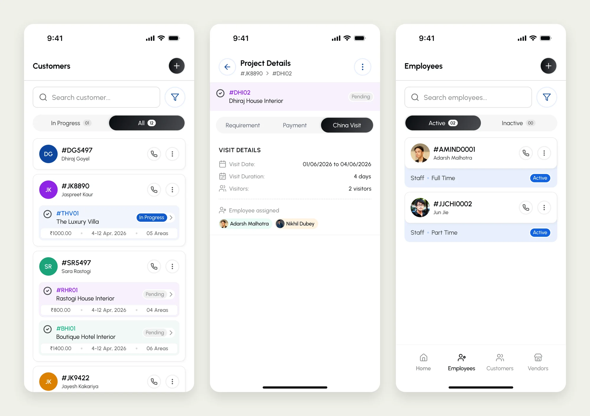 Three A&G CASA app screens: the customer list with each client's projects and status, a project's China visit details with dates and assigned employees, and the active employee list.