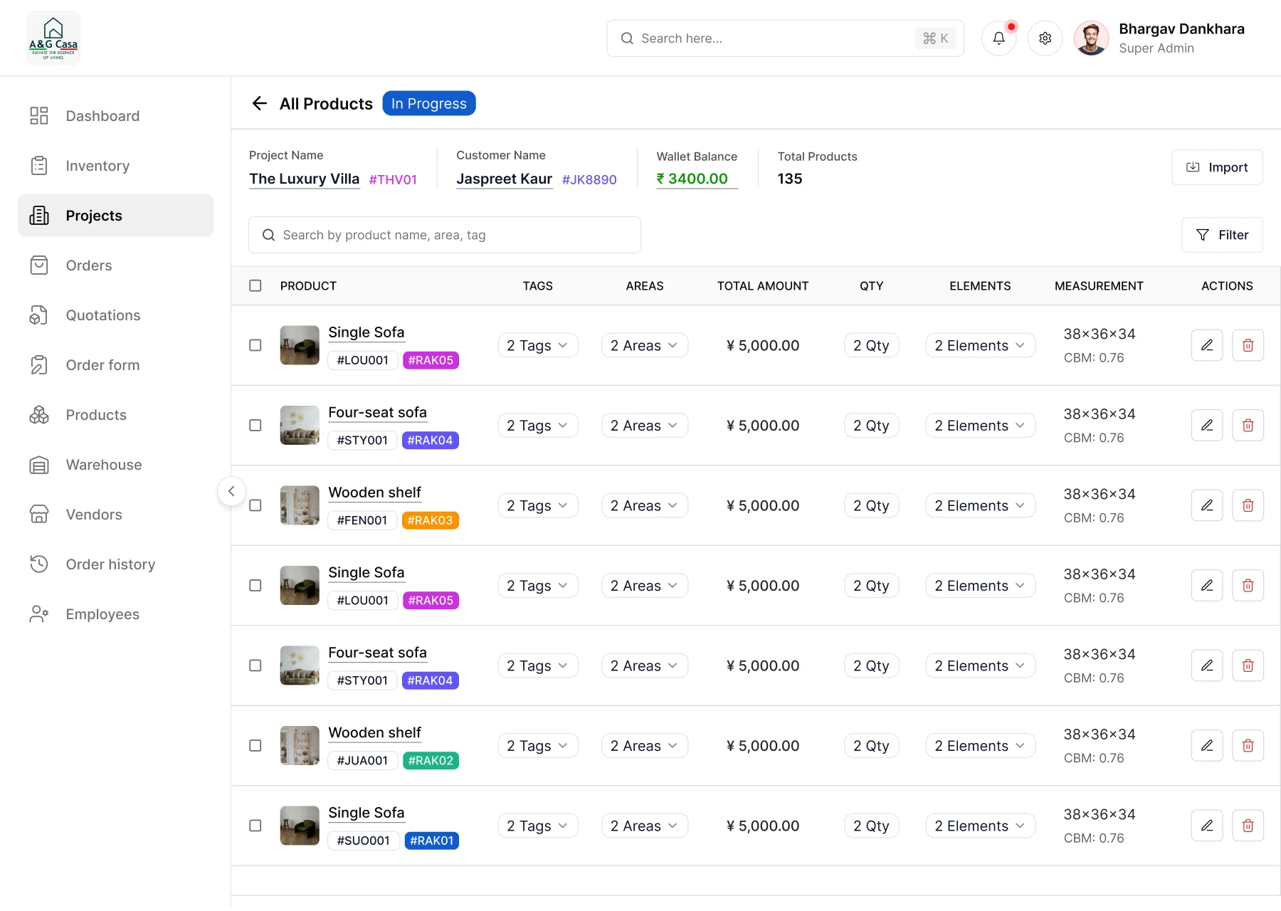 A project's product list on the A&G CASA web app: the wallet balance and total products up top, then each product with its tags, areas, amount, quantity and measurements.