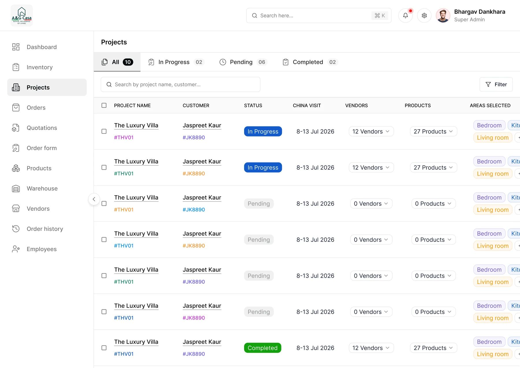 The A&G CASA project list on the web app: every client project with its status, China visit dates, vendor and product counts, and the areas selected.