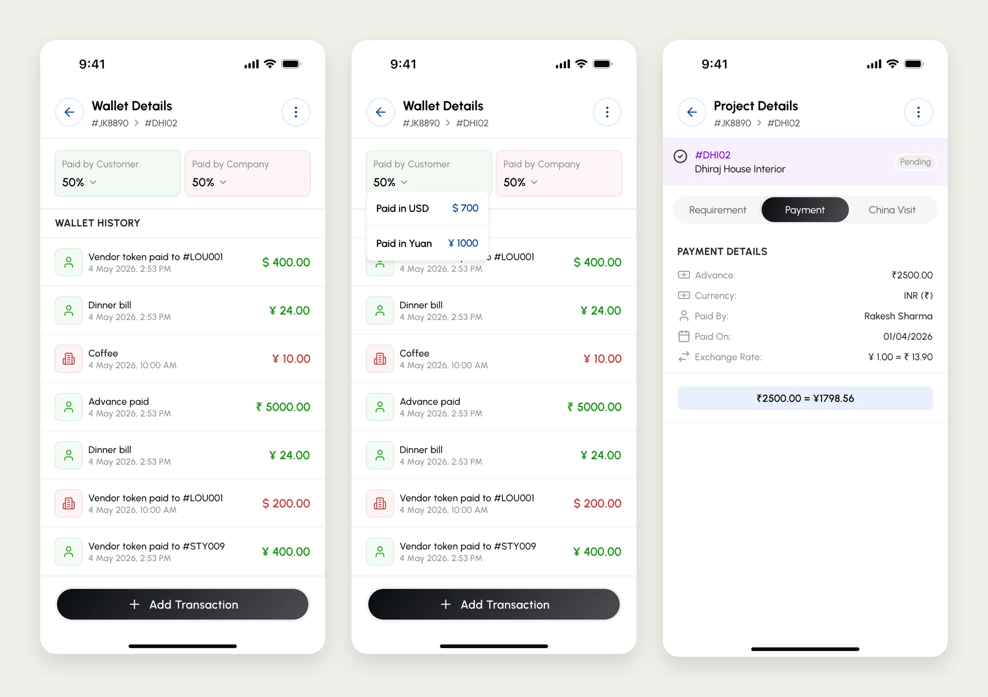 Three A&G CASA app screens: a project wallet's history of customer and company payments, the same wallet showing the split between US dollars and yuan, and a project's advance payment with the exchange rate.