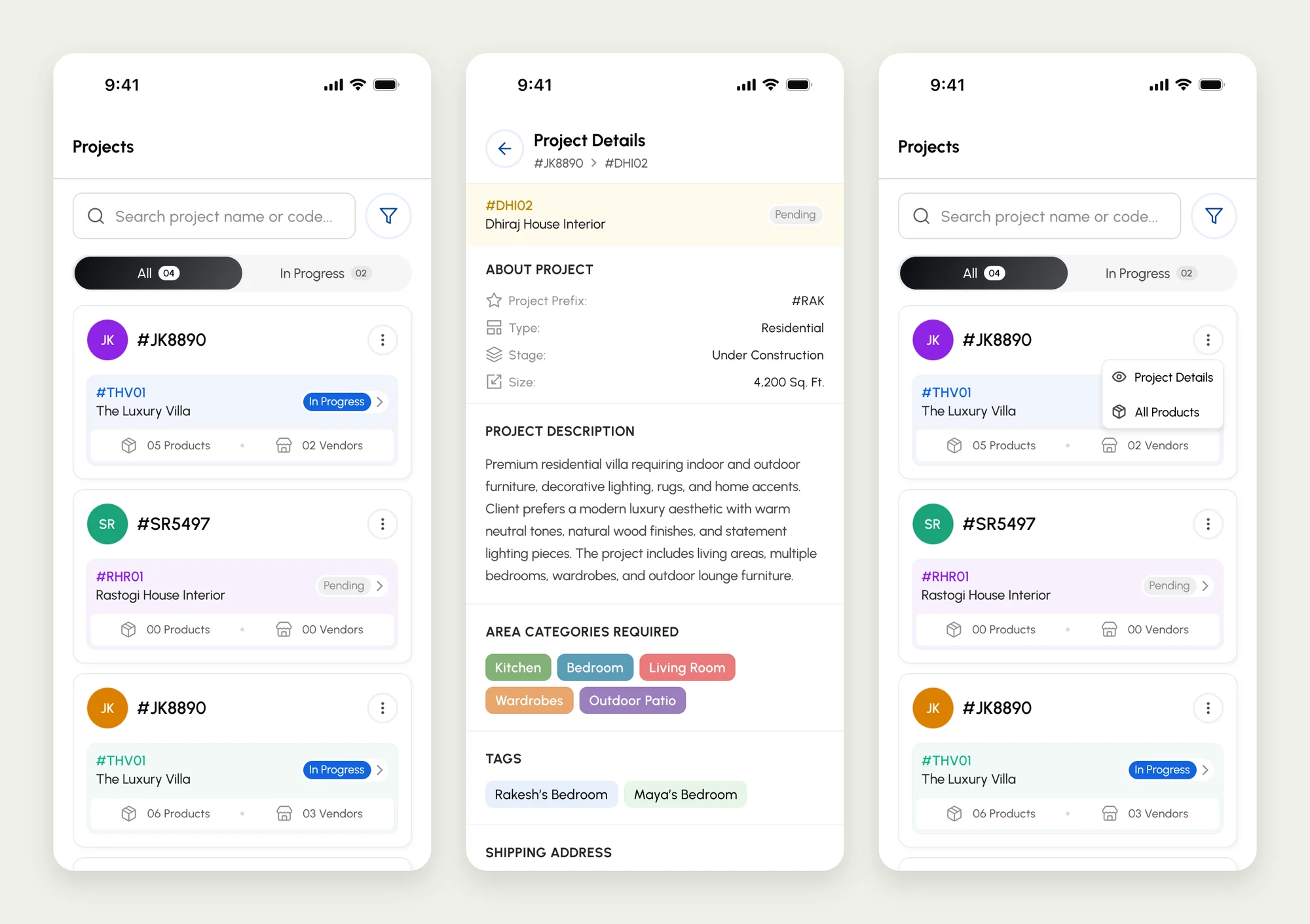 Three A&G CASA app screens: the project list grouped by client, a project's details with its type, stage, size, description and required areas, and the project menu for opening details or all products.