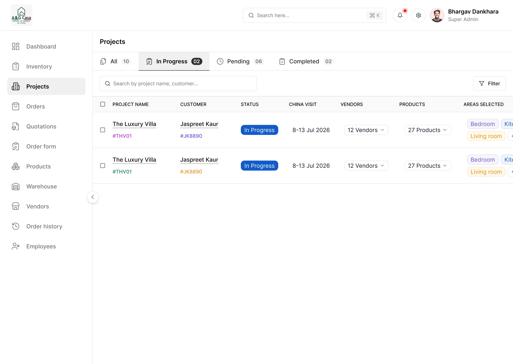 The A&G CASA project list on the web app filtered to the two projects in progress, with their customers, China visit dates, vendors, products and areas.