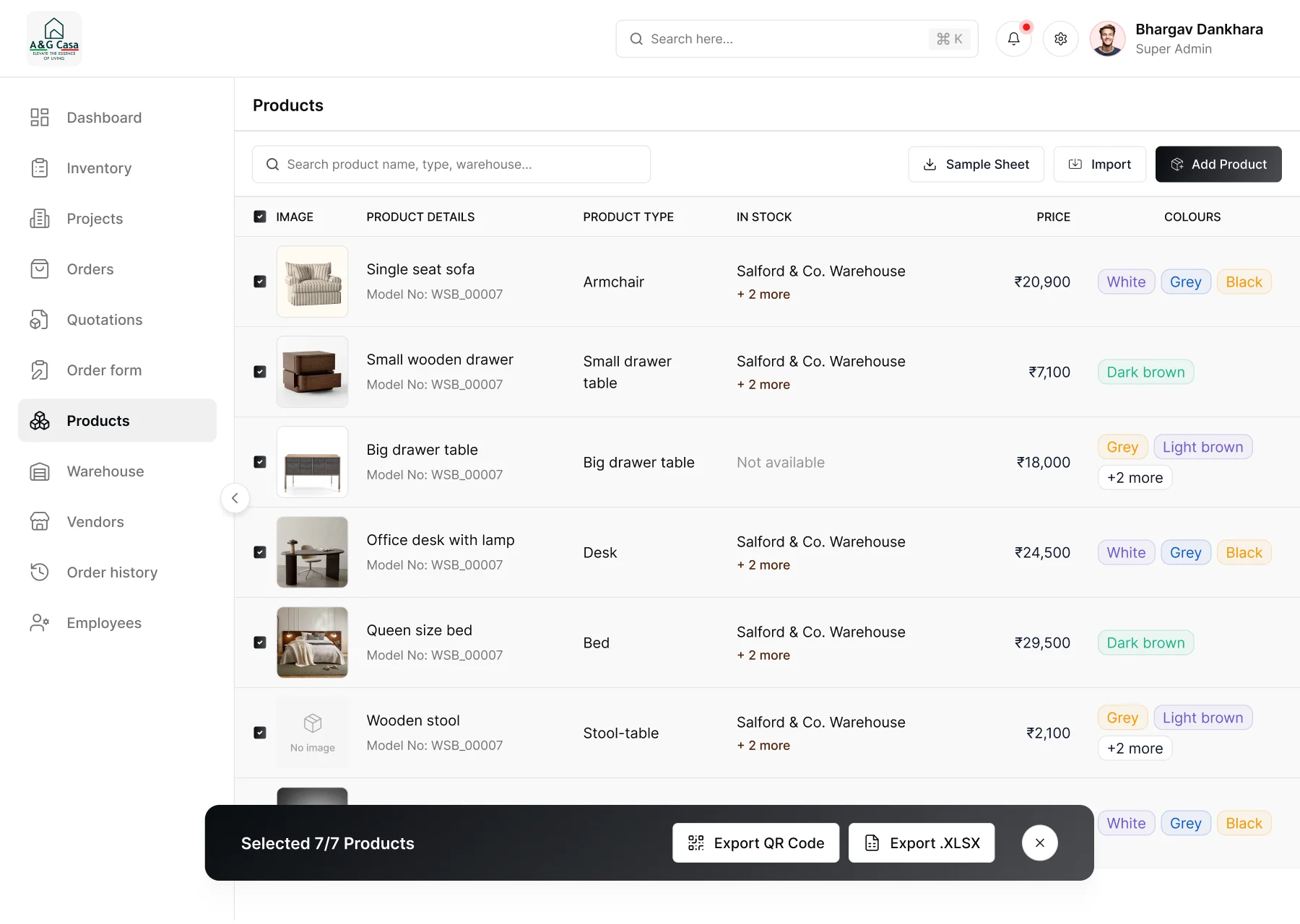 The A&G CASA product catalogue on the web app: each product with its type, warehouse stock, price and colours, with all seven selected for QR code or spreadsheet export.