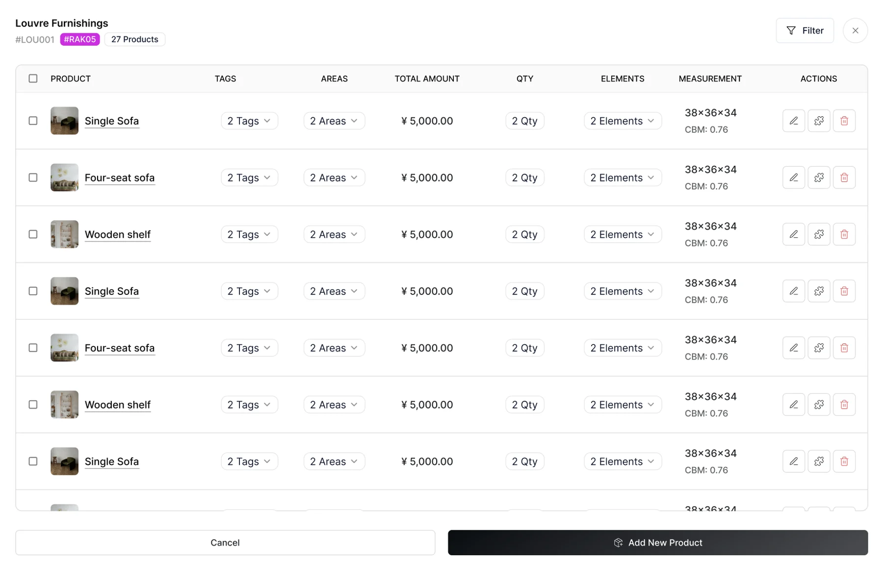 A vendor's products on the A&G CASA web app: Louvre Furnishings' 27 products with tags, areas, amounts, quantities and measurements, and a button to add a new product.