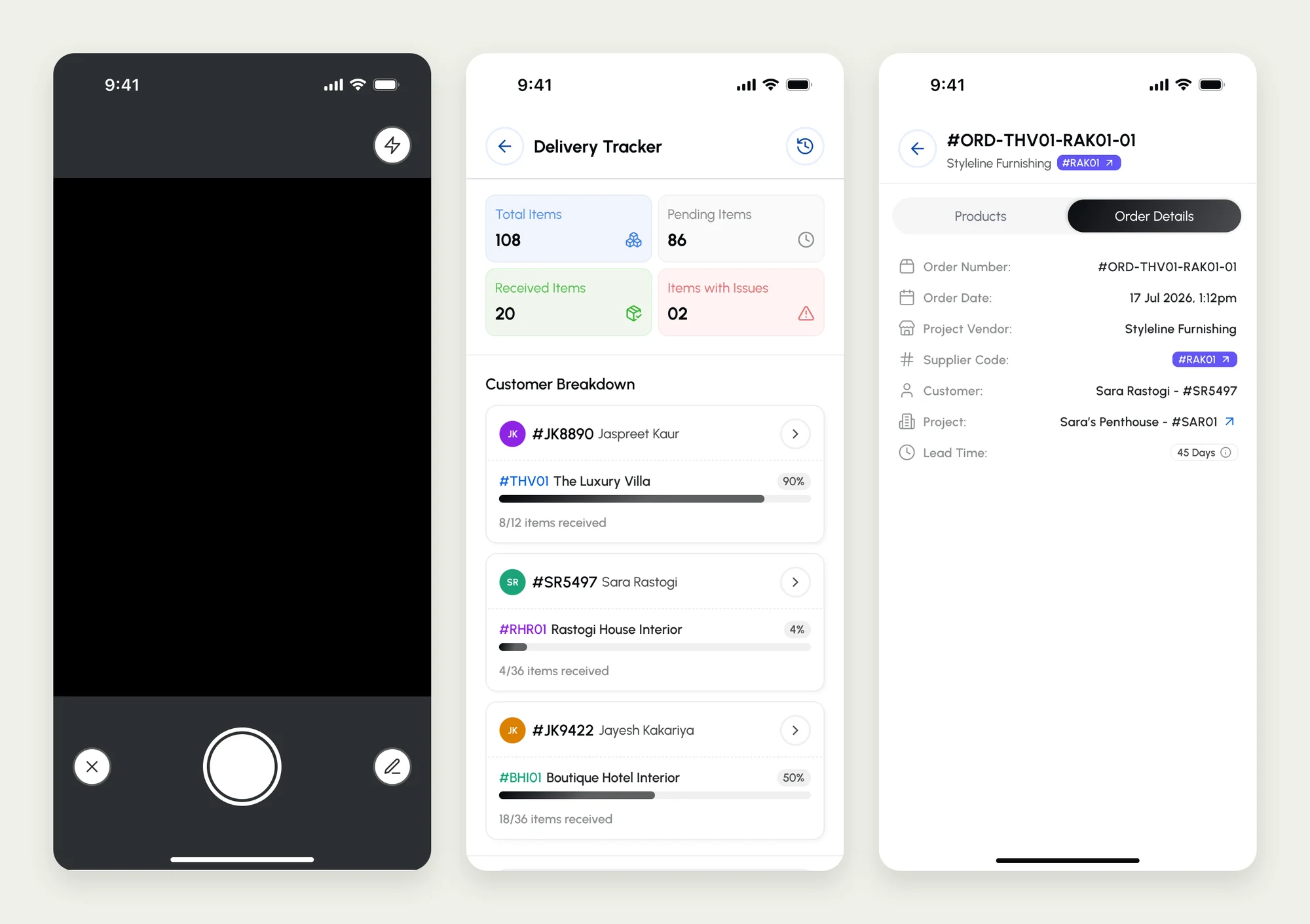 Three A&G CASA app screens: the QR scanner camera, the delivery tracker with total, pending, received and problem items per customer, and the details of a vendor order.