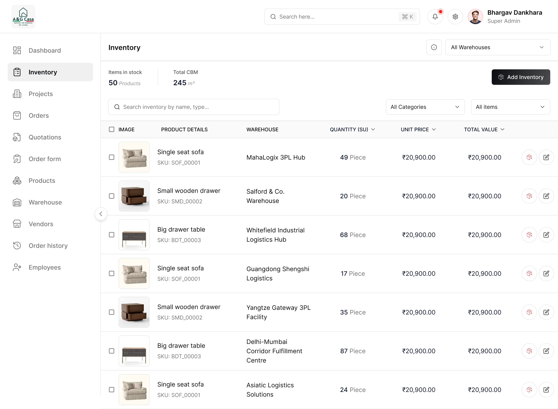 The A&G CASA inventory on the web app: items in stock and total CBM, then each product with its warehouse, quantity, unit price and total value.