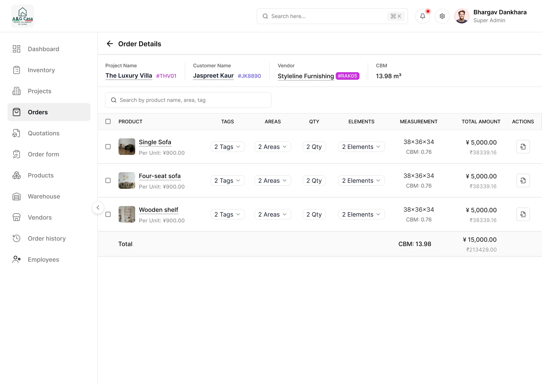 An order's details on the A&G CASA web app: the project, customer, vendor and total CBM up top, then each product with its quantity, measurements and amount in yuan and rupees.
