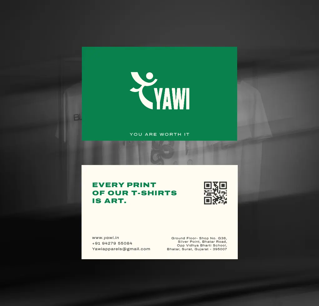 YAWI business cards: the green front with the logo, and the white back that reads Every print of our T-shirts is art.