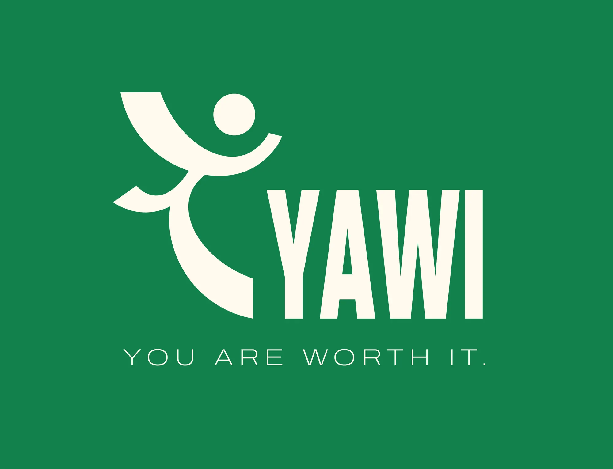 The YAWI logo, a leaping figure beside the wordmark, in white on YAWI green, with the line You are worth it.