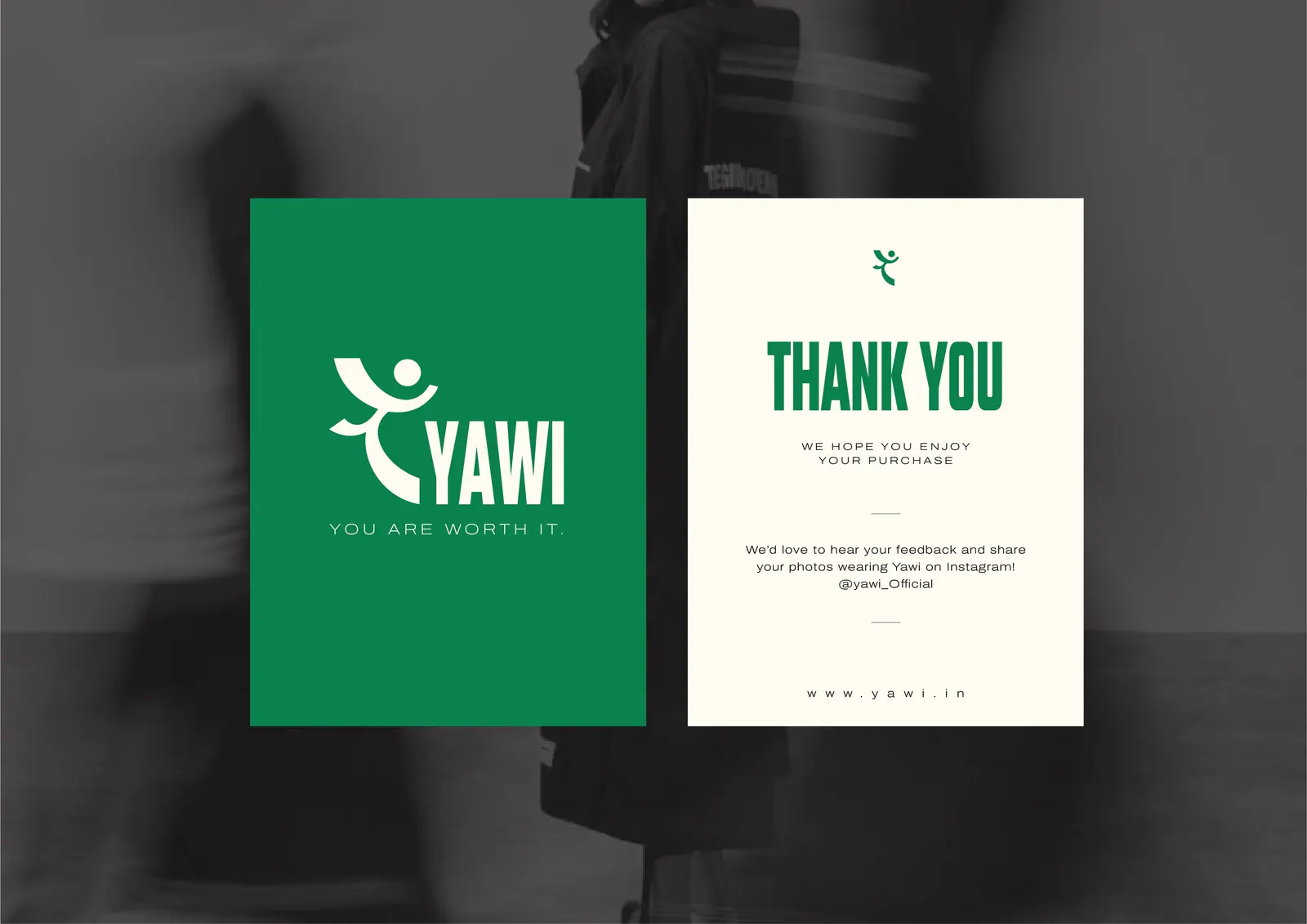The YAWI thank-you card that goes out with every order, its green front beside the white back.