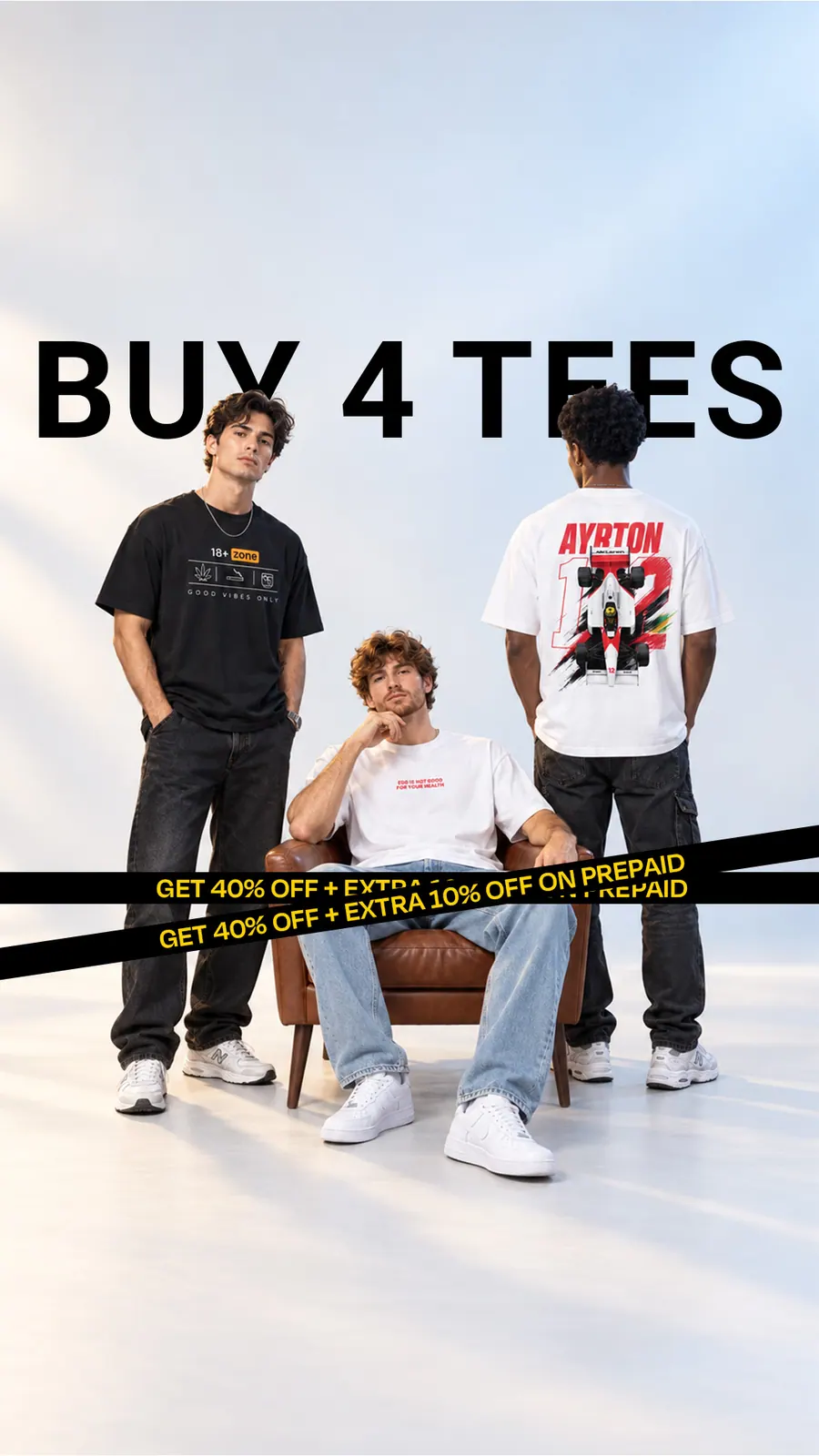 A YAWI conversion ad, Buy 4 tees, with models in YAWI prints.