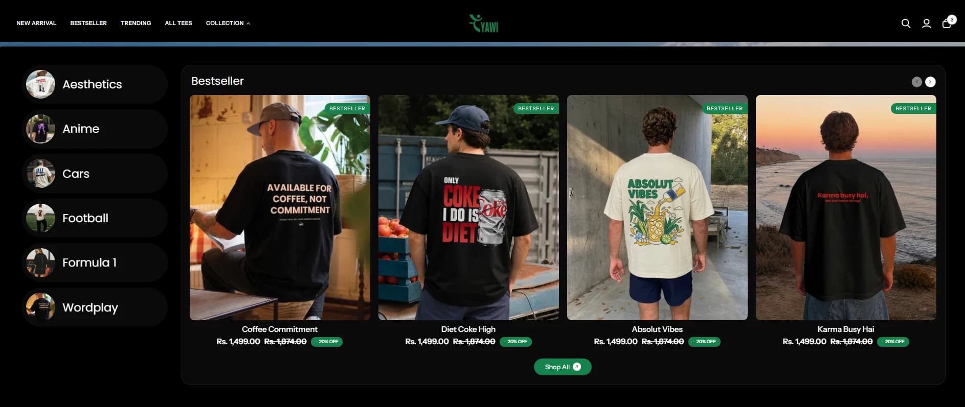 The YAWI store's Bestseller shelf, tees with their prices and offers, beside the rail of collections.