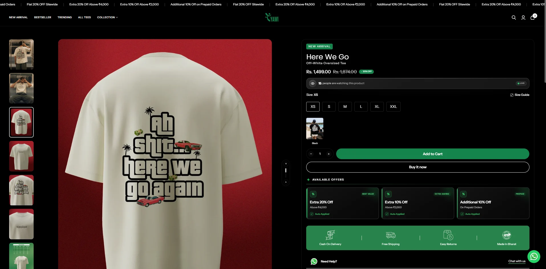 The product page for the Here we go tee: its photos, price, sizes, offers and Add to cart.