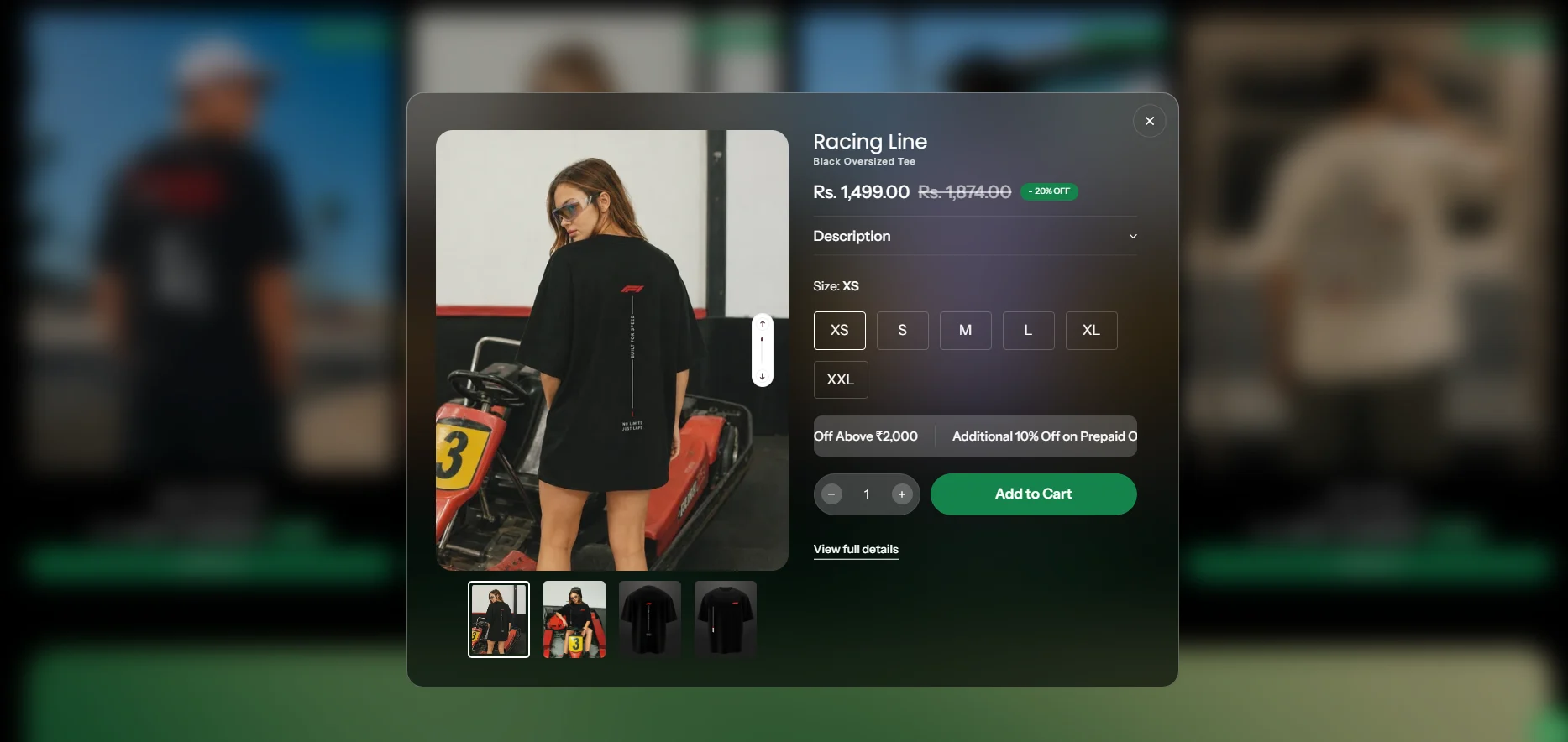 The quick view of the Racing Line tee, with its photos, price, sizes and Add to Cart.