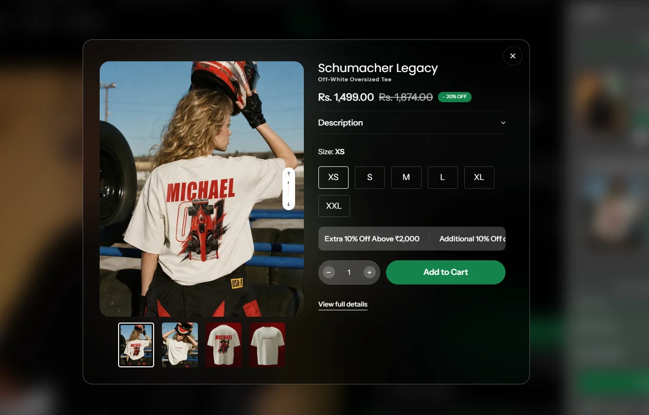 The quick view of the Schumacher Legacy tee, with its photos, price, sizes and Add to Cart.