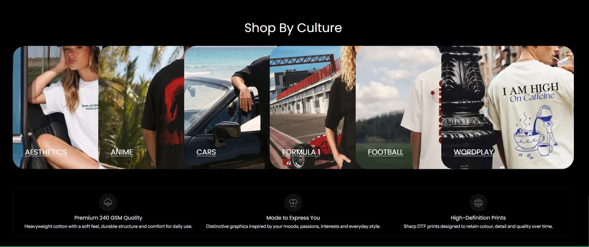 The Shop by culture row of the YAWI store: Aesthetics, Anime, Cars, Formula 1, Football and Wordplay, over the store's three promises.
