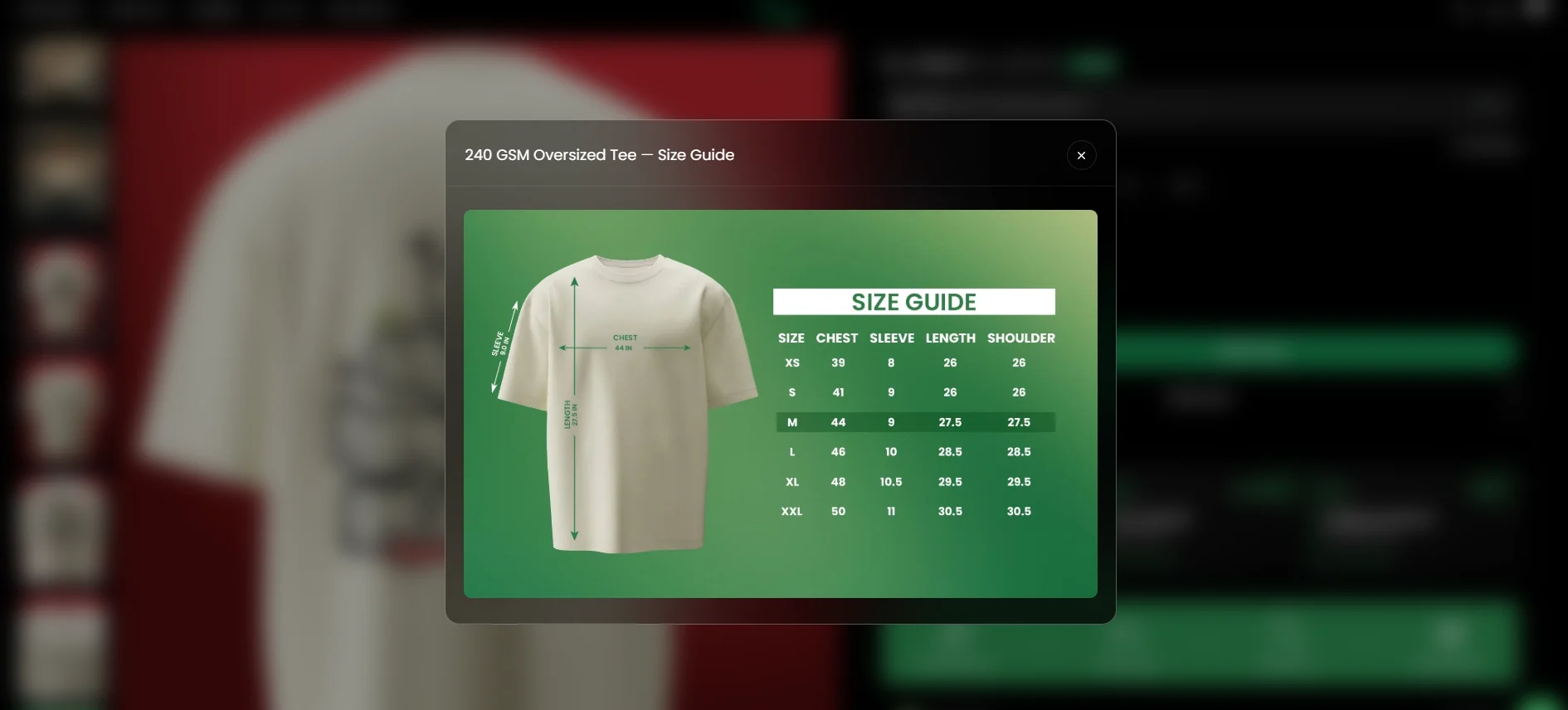 The size guide for the 240 GSM oversized tee, opened over its product page.