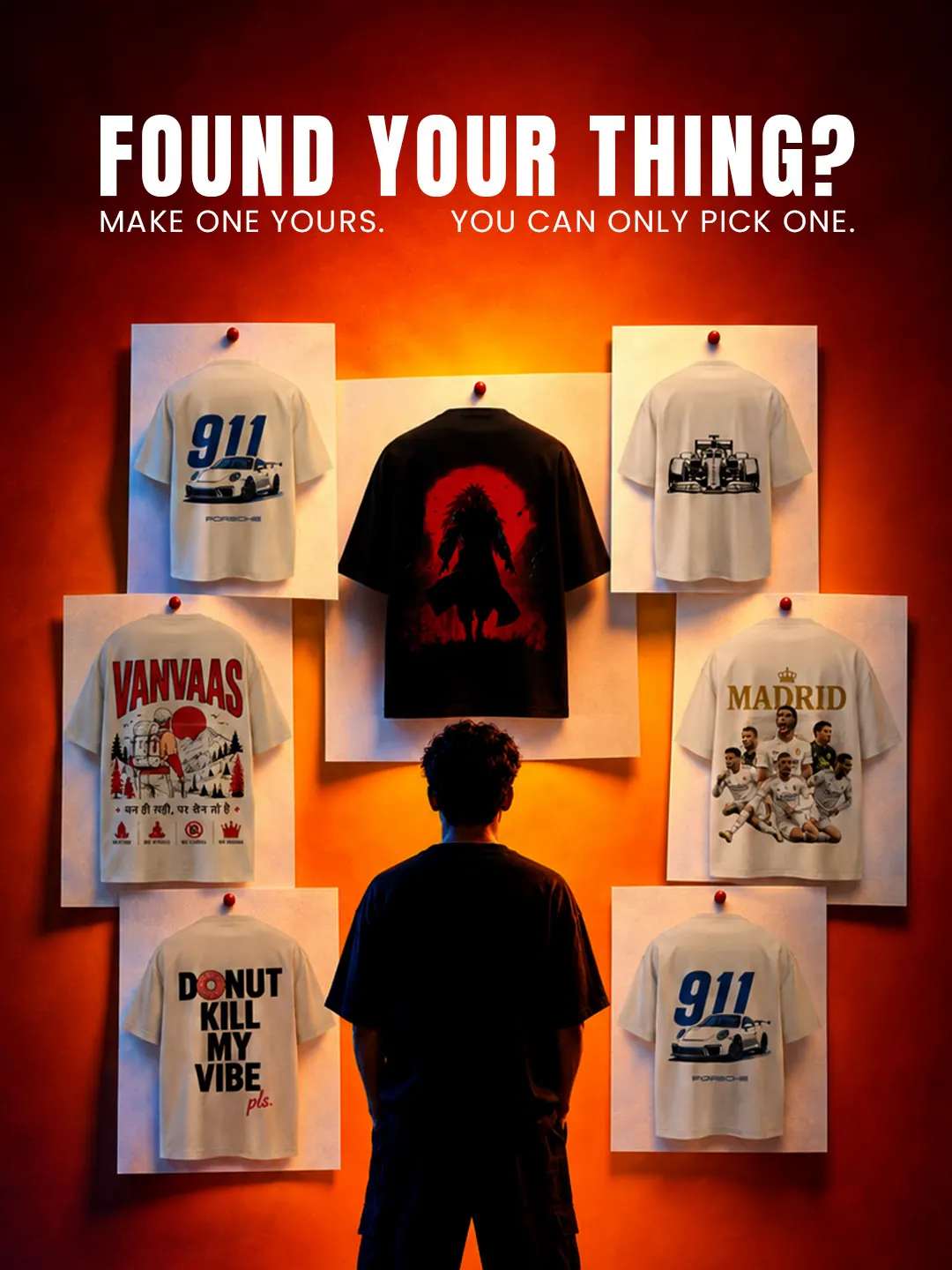 A YAWI social post on red, Found your thing?, a model among the tees.