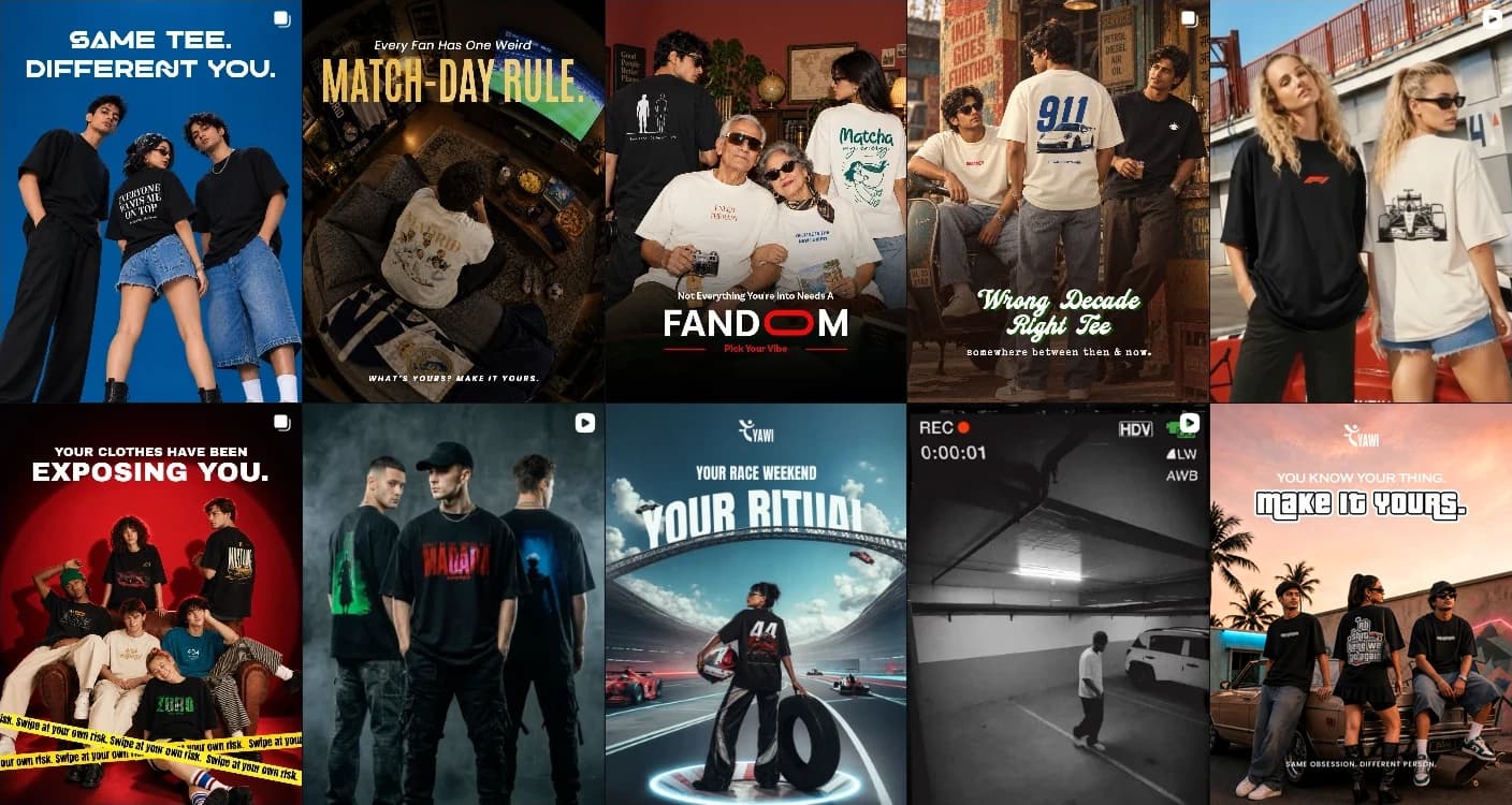 Ten posts from the YAWI Instagram grid, @yawiapparels: Same tee, different you; Match-day rule; Fandom; Exposing you; Your race weekend, your ritual; Make it yours.