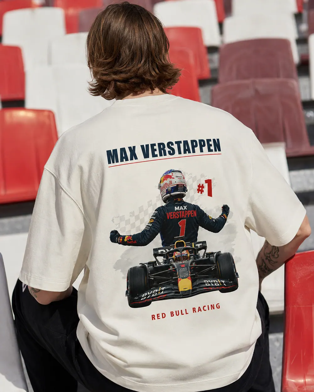 A white YAWI tee with an original Max Verstappen race graphic across the back.