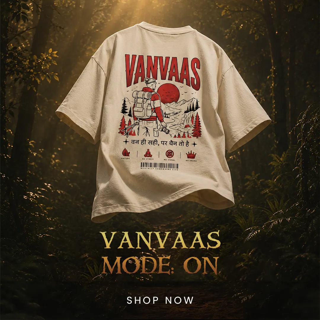 The Vanvaas tee laid flat: an original illustrated graphic on a cream oversized T-shirt.