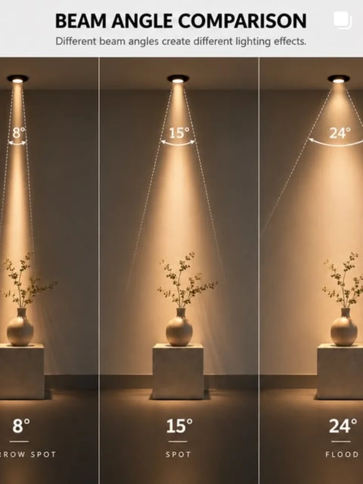 An Illuminatics Instagram post, Beam angle comparison: three downlights at 8, 15 and 24 degrees, each lighting a vase on a plinth.