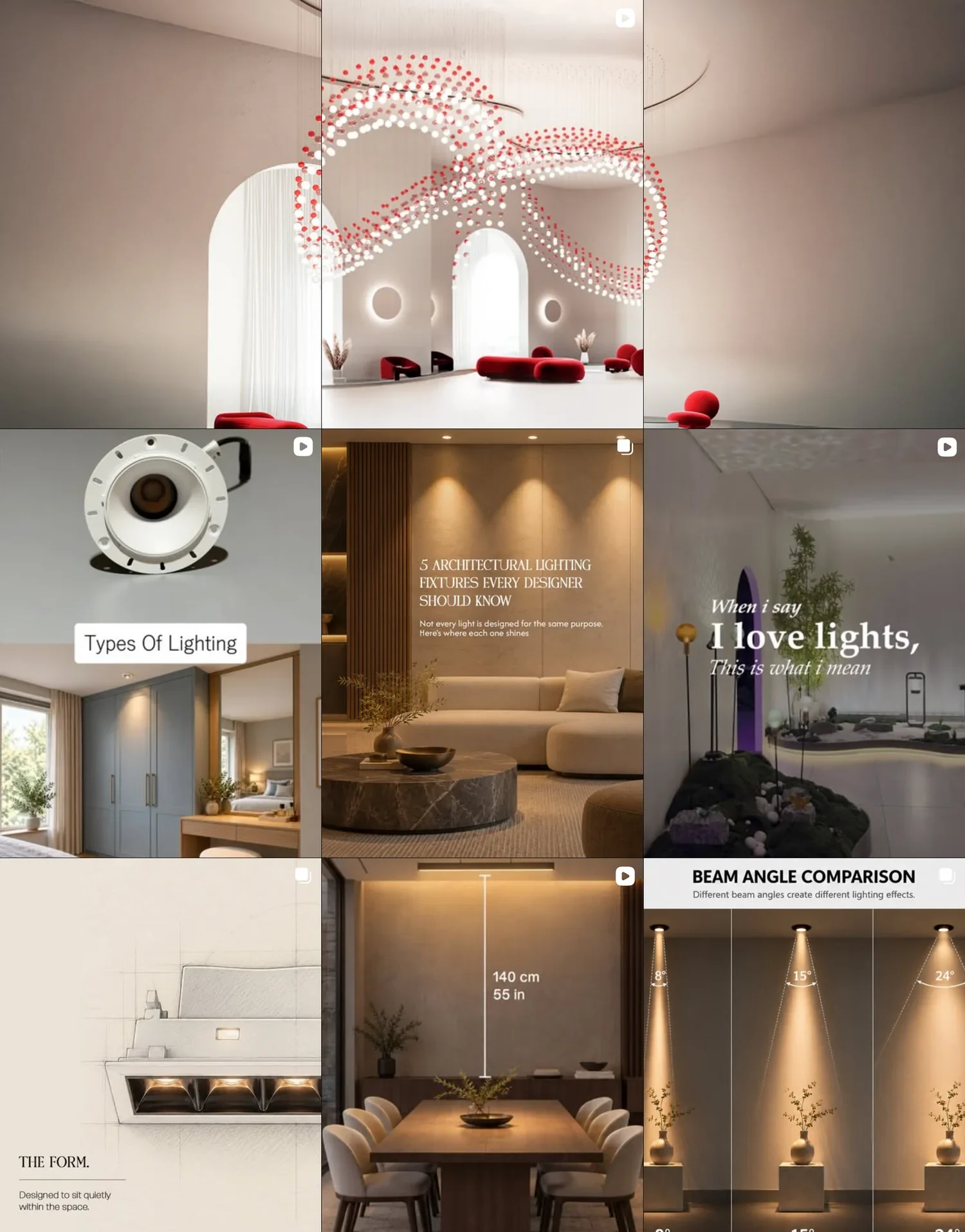 Nine posts from the Illuminatics Instagram grid, @illuminaticslightingsolution: a red and white sculptural chandelier in a lobby, Types of lighting, 5 architectural lighting fixtures, When I say I love lights, The form, a dining table under a pendant, and a beam angle comparison.