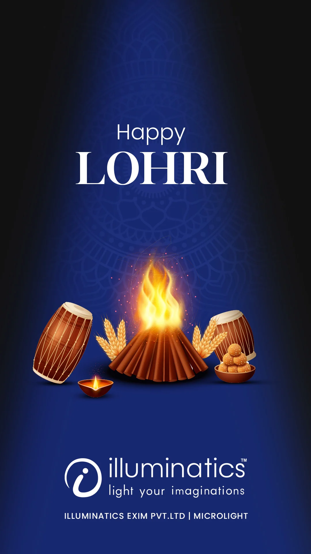 An Illuminatics Instagram story for Lohri: a bonfire between two dhols on deep blue, signed Illuminatics Exim Pvt. Ltd. | Microlight.