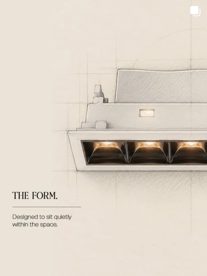 An Illuminatics Instagram post, The form: a three-light recessed fitting drawn as a sketch, designed to sit quietly within the space.