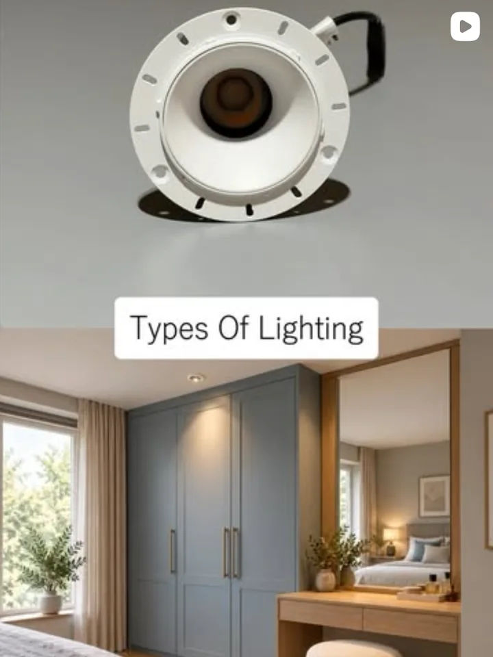 An Illuminatics Instagram reel cover, Types of lighting: a recessed downlight above a bedroom with a wardrobe and dressing table.