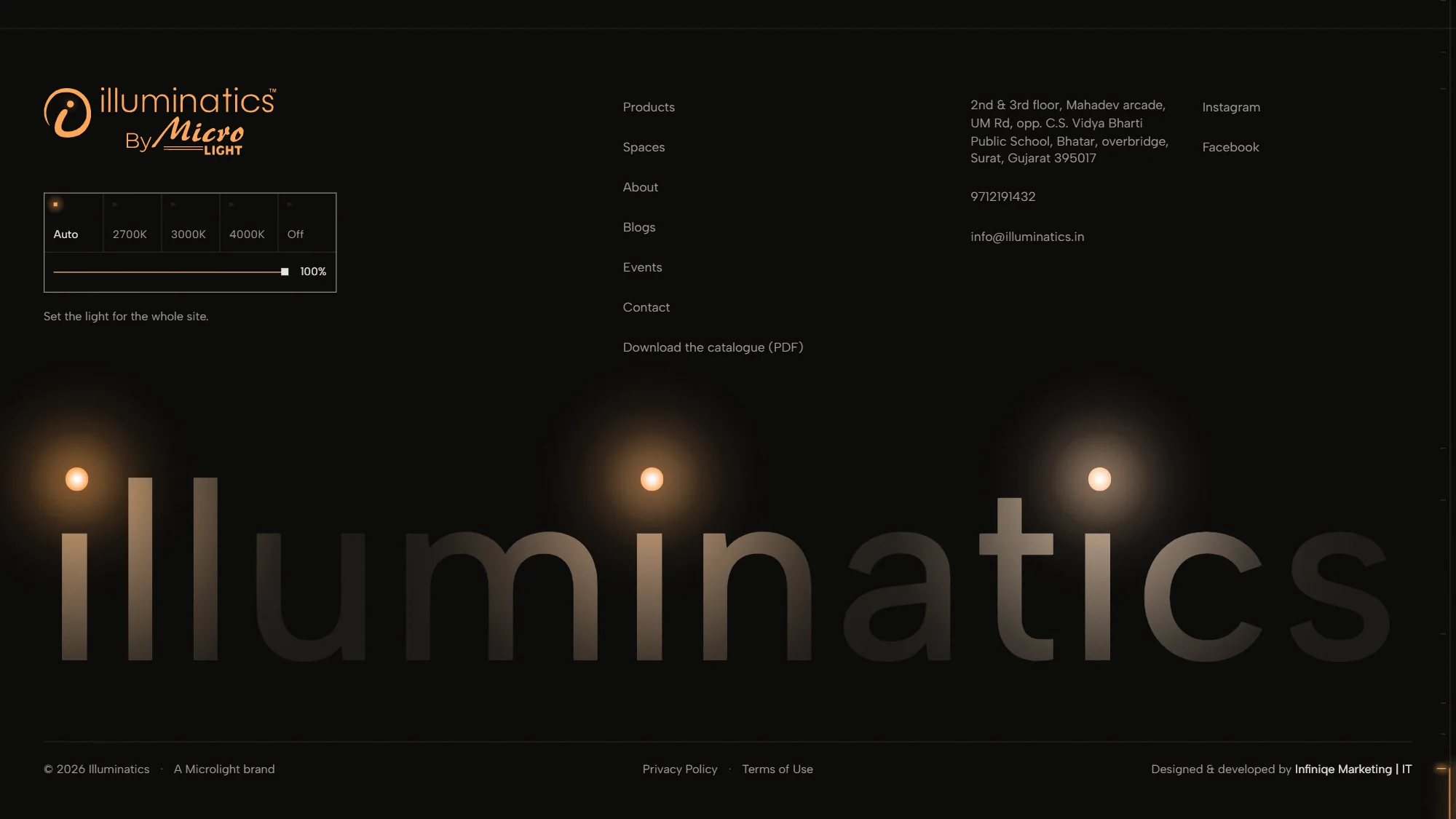 The Illuminatics site footer: a light control for the whole site above the illuminatics wordmark, lit by three lamps.