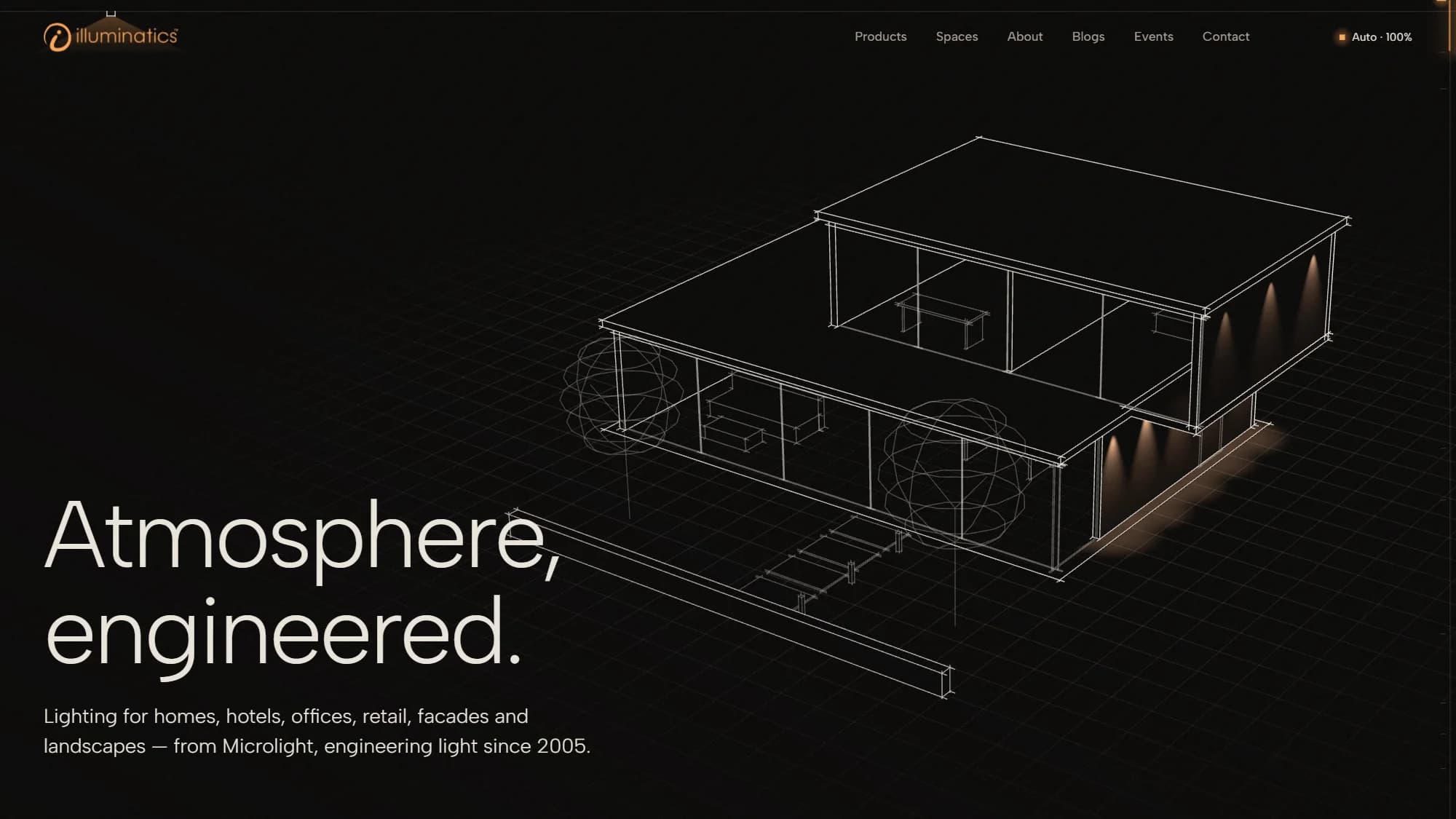 The Illuminatics home page: a wireframe house lit by warm uplights, beside the line Atmosphere, engineered.