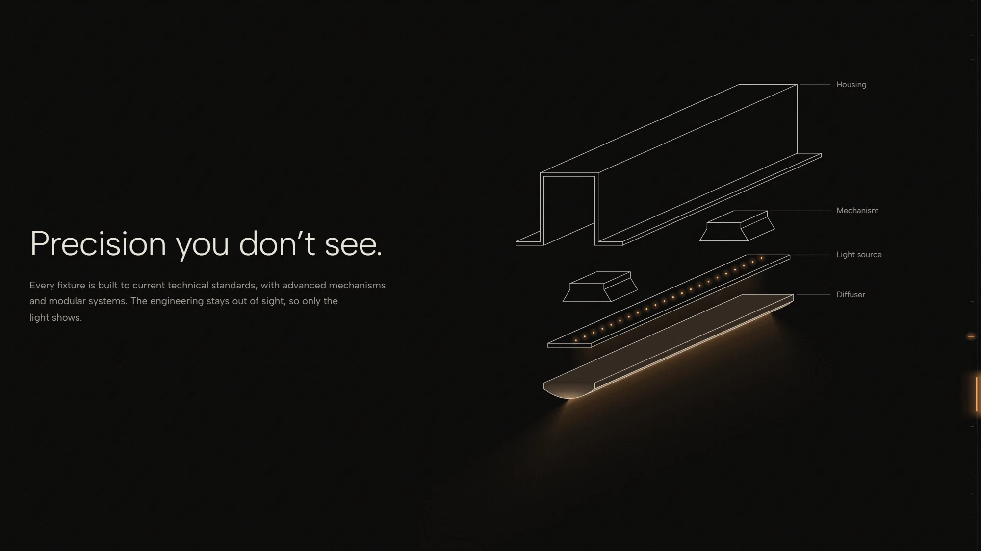 Precision you don't see: a linear light drawn apart into its housing, mechanism, light source and diffuser.