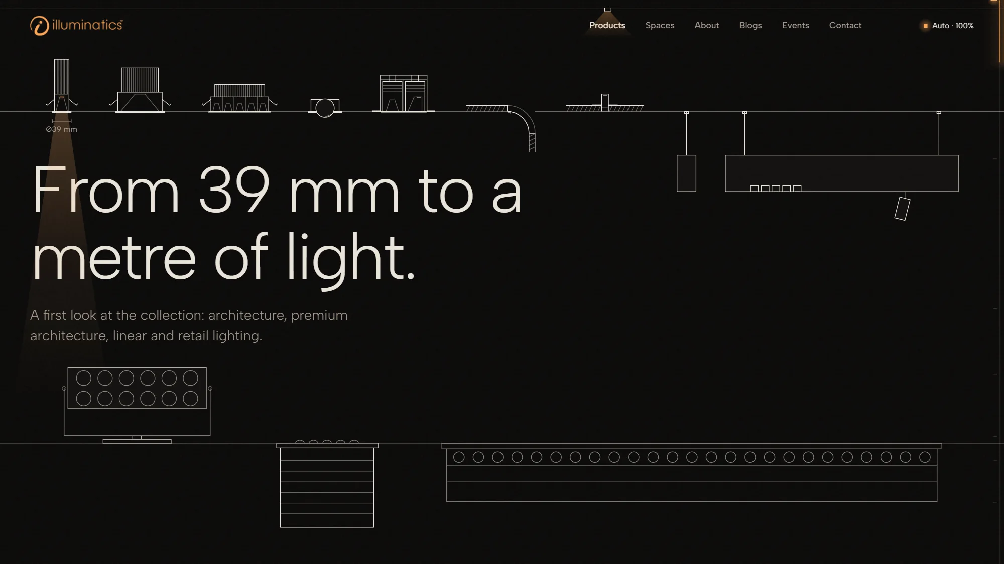 The Illuminatics products page, From 39 mm to a metre of light, with the range drawn in line from a pencil spot to a long linear profile.