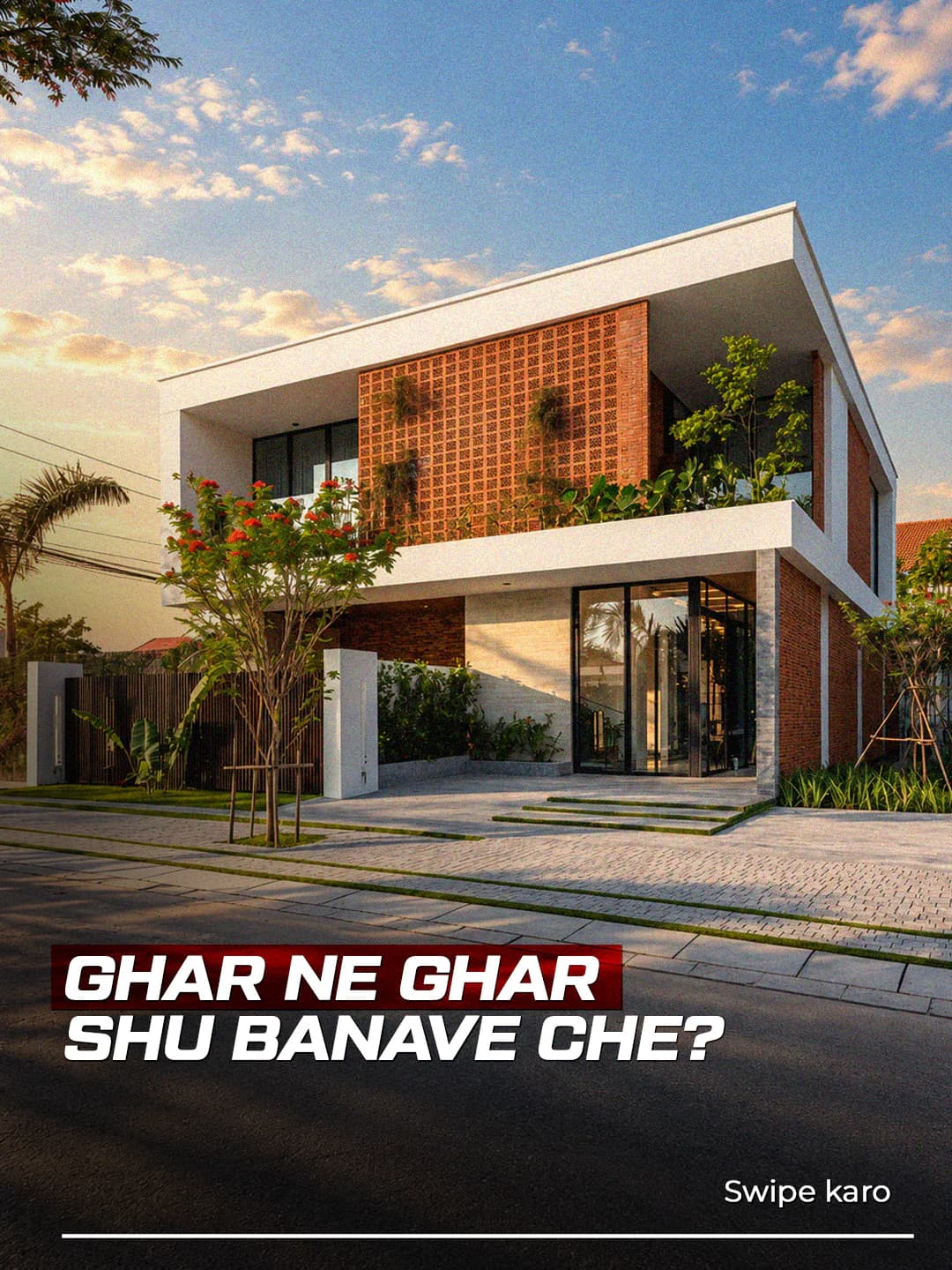 The cover of a JUMBO Instagram carousel, Ghar ne ghar shu banave che?, over a modern brick and white house at dusk.