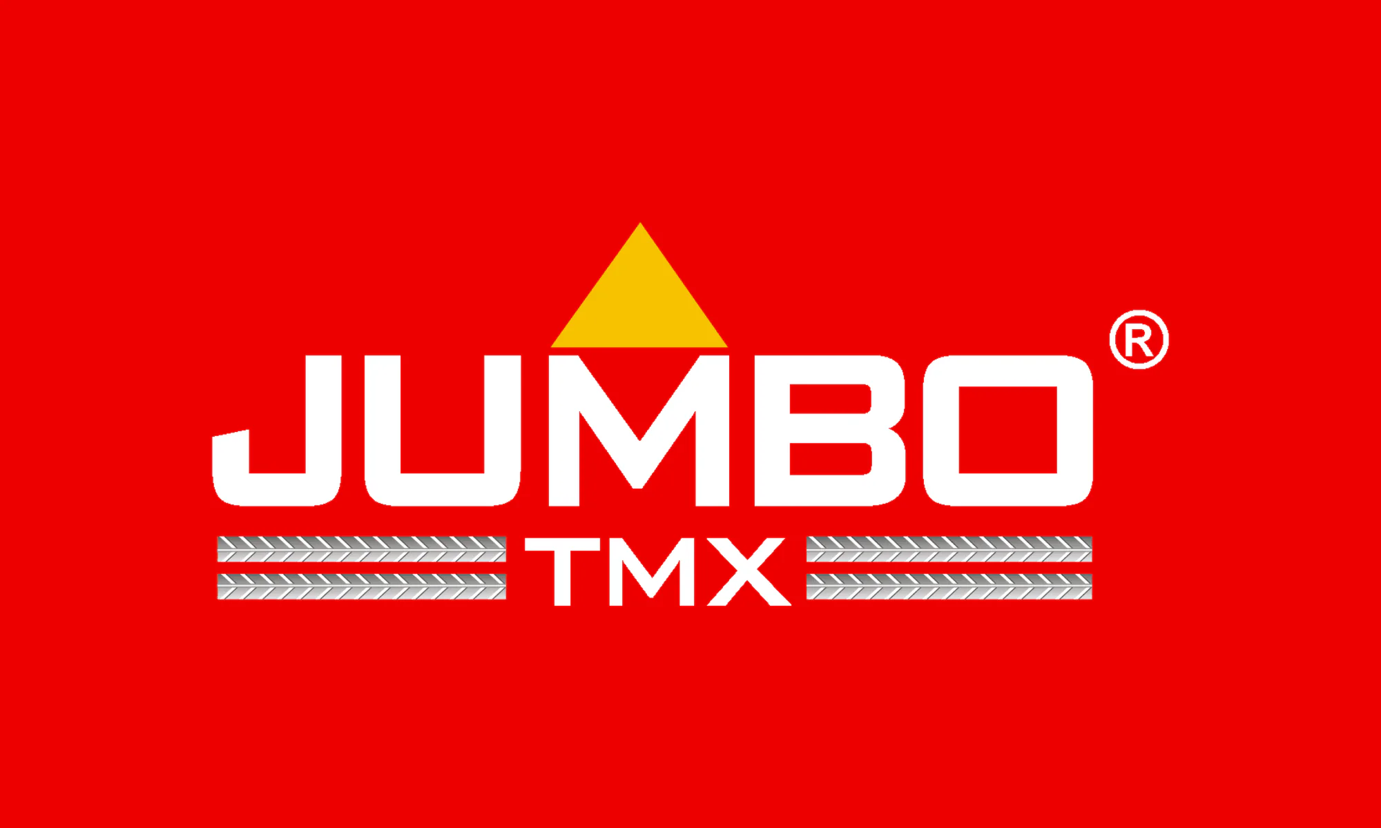 The JUMBO TMX logo: the wordmark under its yellow triangle, with TMX between two ribbed bars, in white on JUMBO red.