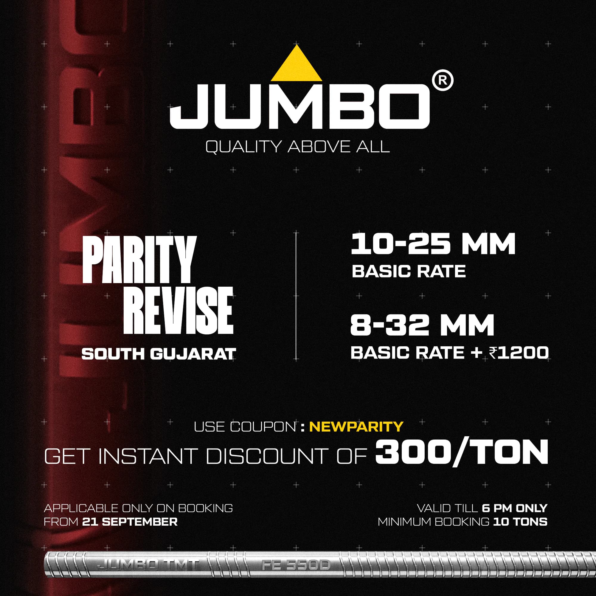 A JUMBO price poster for South Gujarat: the Parity revise basic rates for 10–25 mm and 8–32 mm bars, and 300 a ton off with the coupon NEWPARITY.
