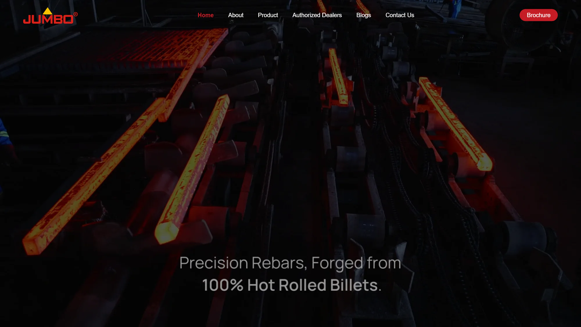 The jumbosteels.com home page: a video of glowing bars on the rolling mill, under the line Precision rebars, forged from 100% hot rolled billets.