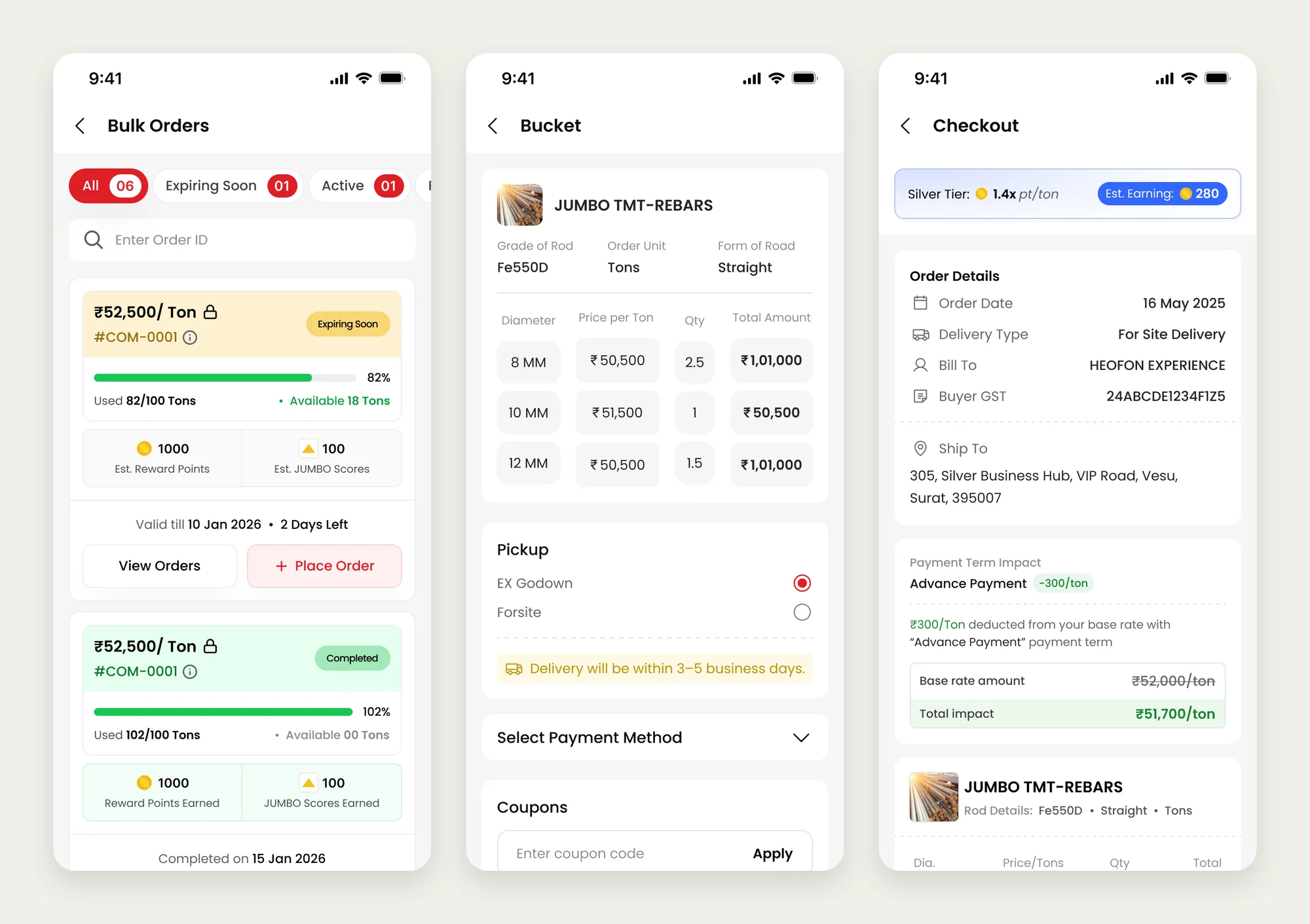 Three JUMBO CONNECT app screens: the list of bulk orders, the order bucket, and checkout.
