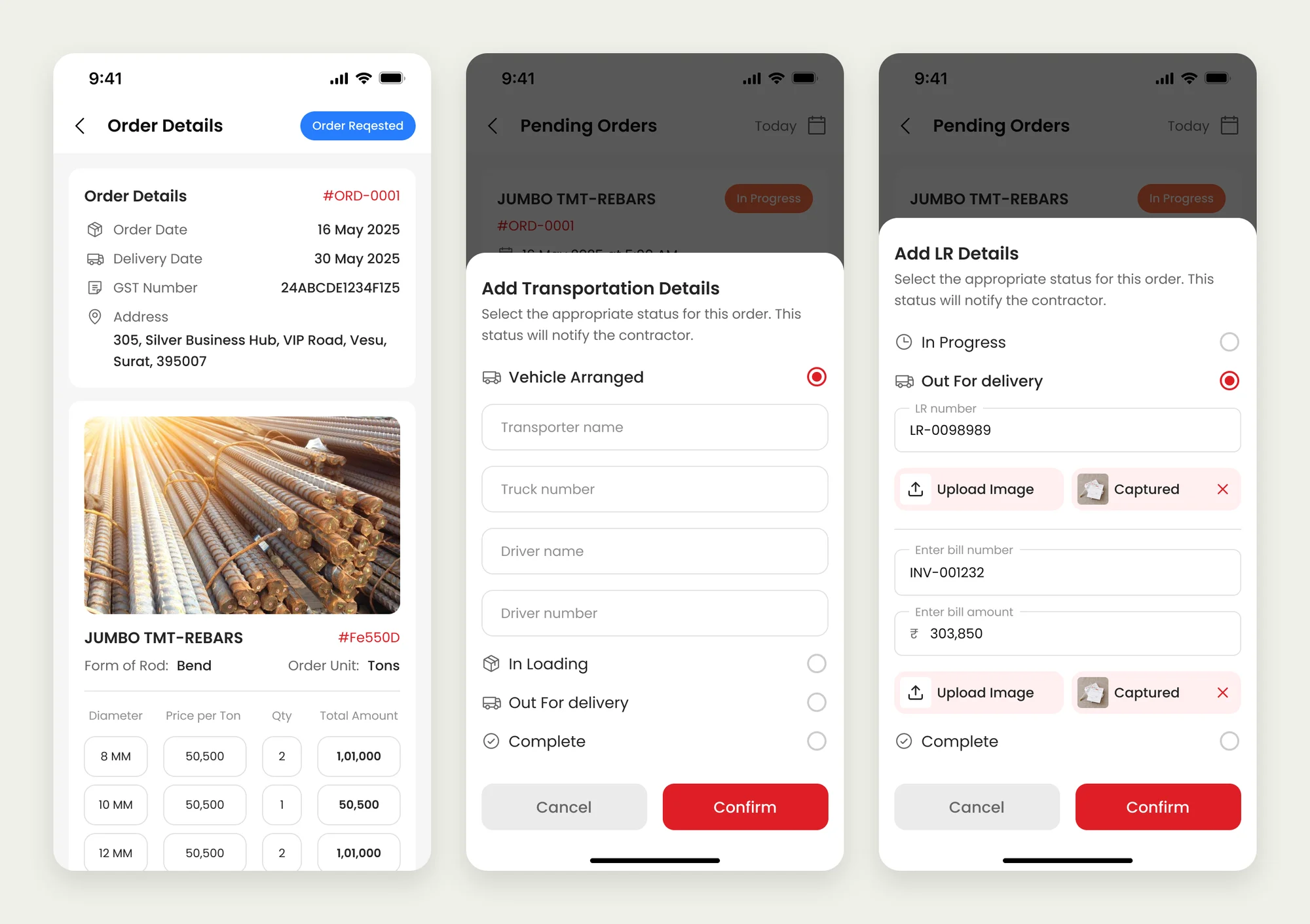 Three JUMBO CONNECT app screens: an order request's details, arranging a vehicle, and marking the order out for delivery.