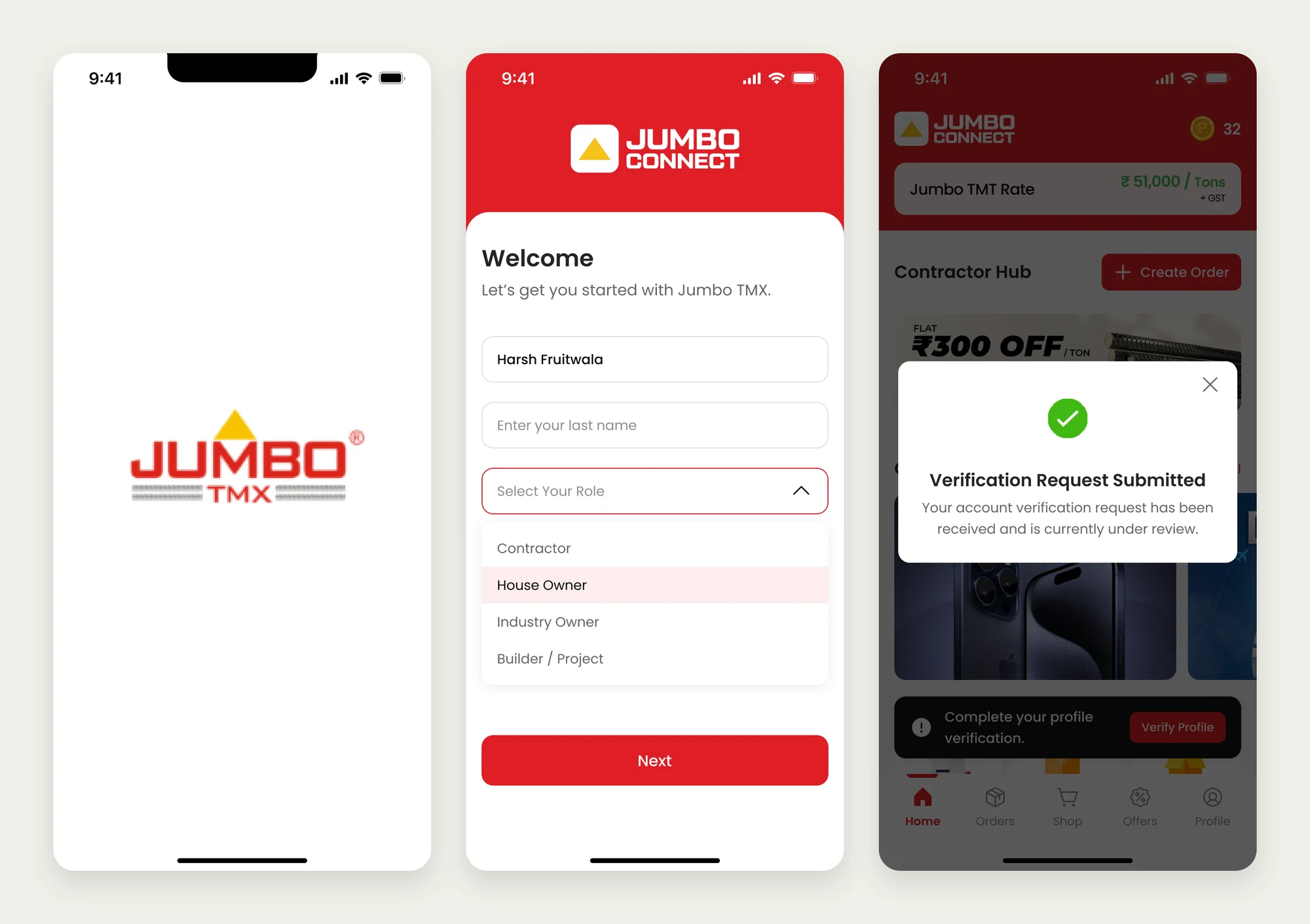 Three JUMBO CONNECT app screens: the splash, choosing a role, and account verification.