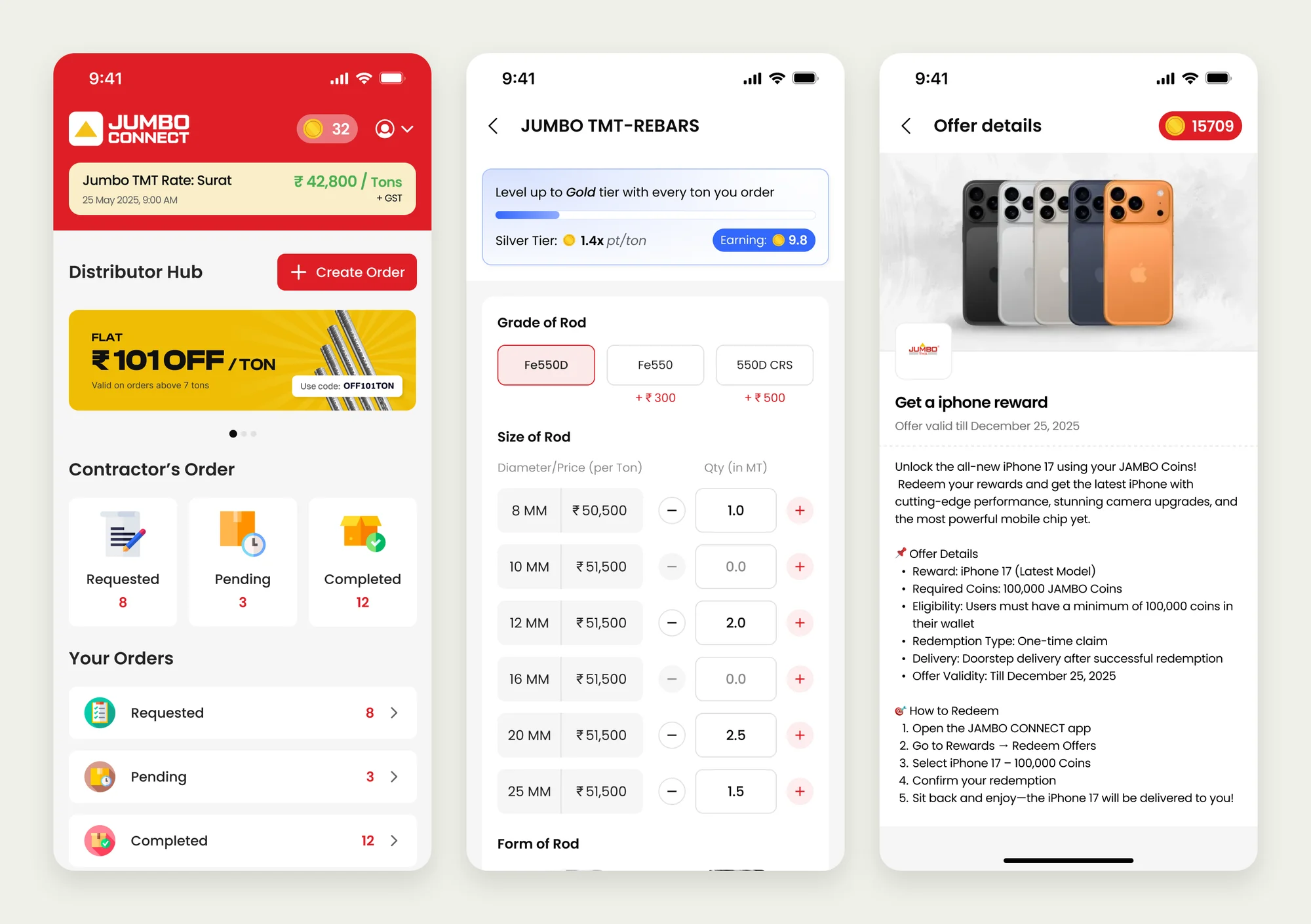 Three JUMBO CONNECT app screens: the distributor home with the day's TMT rate, an order priced by tier and rod size, and an offer's details.