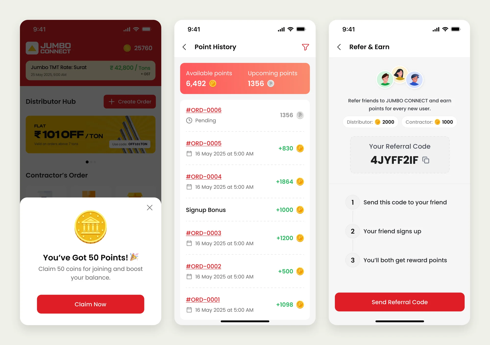 Three JUMBO CONNECT app screens: claiming coins, the points history, and refer-and-earn invites.