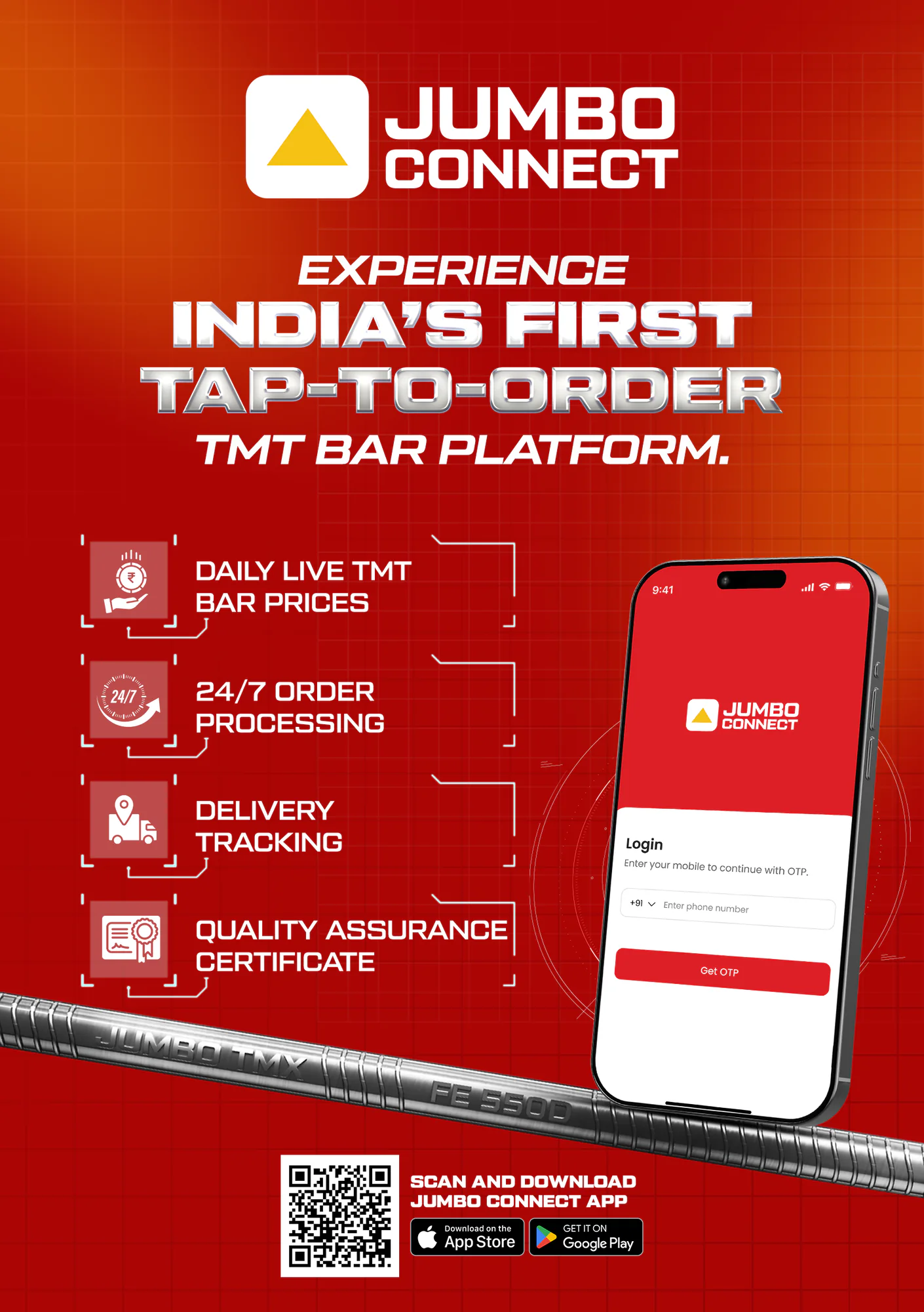 A JUMBO CONNECT flyer, India's first tap-to-order TMT bar platform: daily live bar prices, 24/7 order processing, delivery tracking and quality certificates, beside the app's login screen.