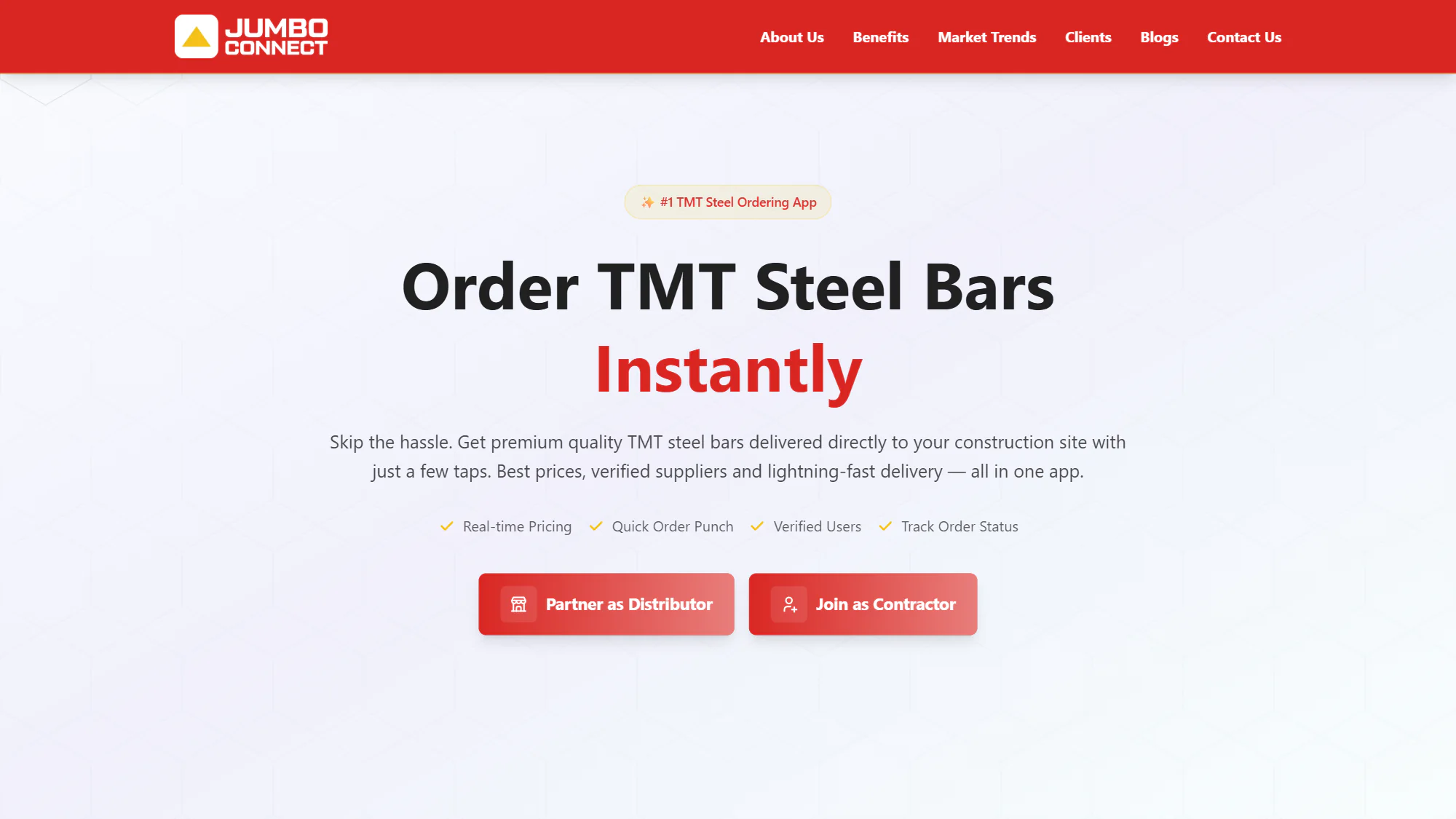 The jumboconnect.in home page: Order TMT steel bars instantly, with real-time pricing and order tracking, and buttons to partner as a distributor or join as a contractor.