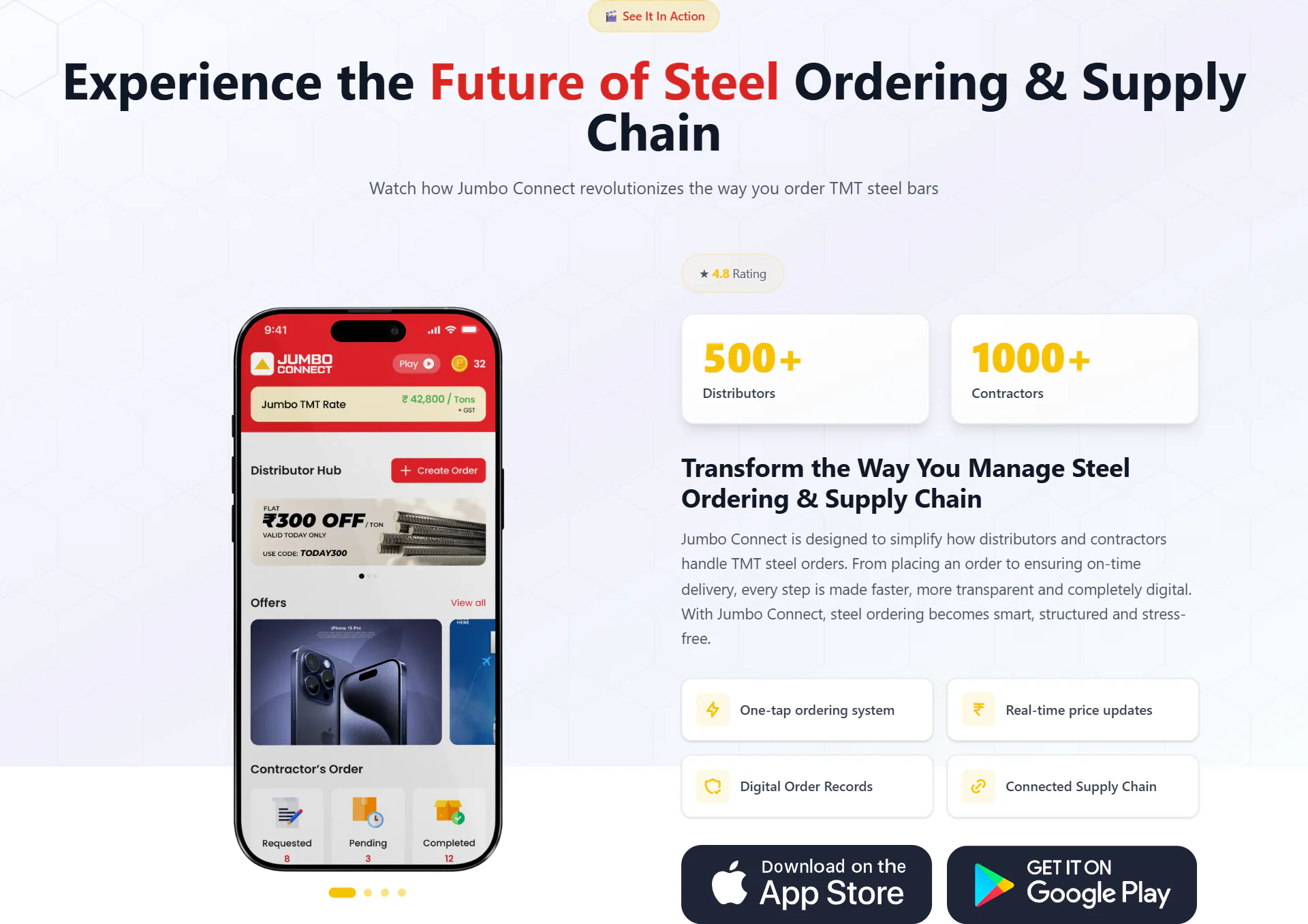 The See it in action section of jumboconnect.in: the app's distributor hub on a phone, beside 500+ distributors, 1000+ contractors and the App Store and Google Play badges.