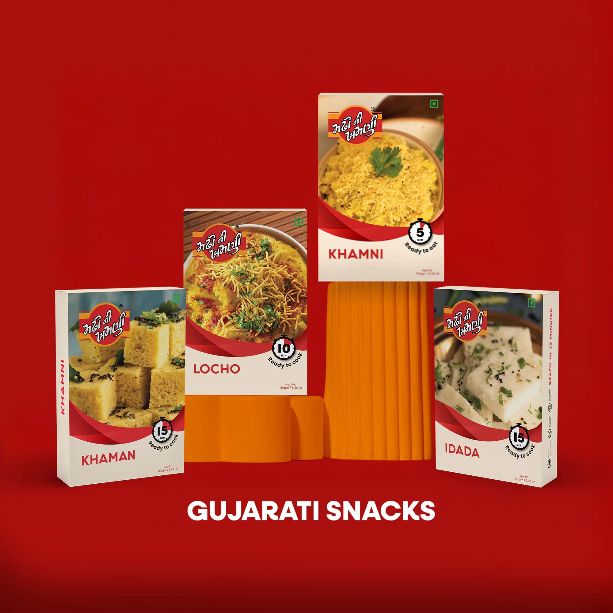 The Madhi Ni Khamni ready-to-cook range on a red set: boxes of Khamni, Locho, Khaman and Idada, above the words Gujarati snacks.