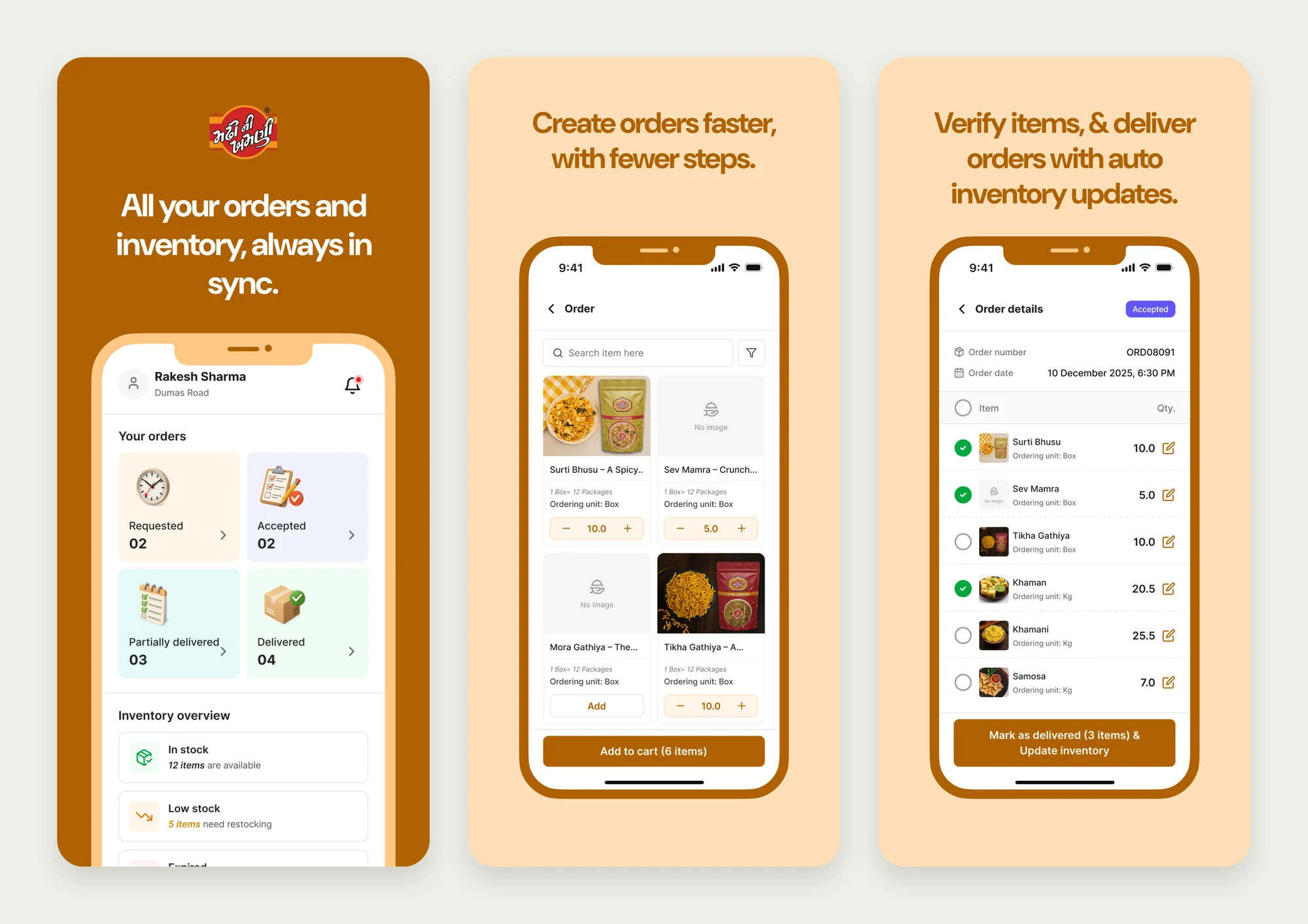 Three MNK QSR app store screens presenting the outlet app: its home, orders and inventory.
