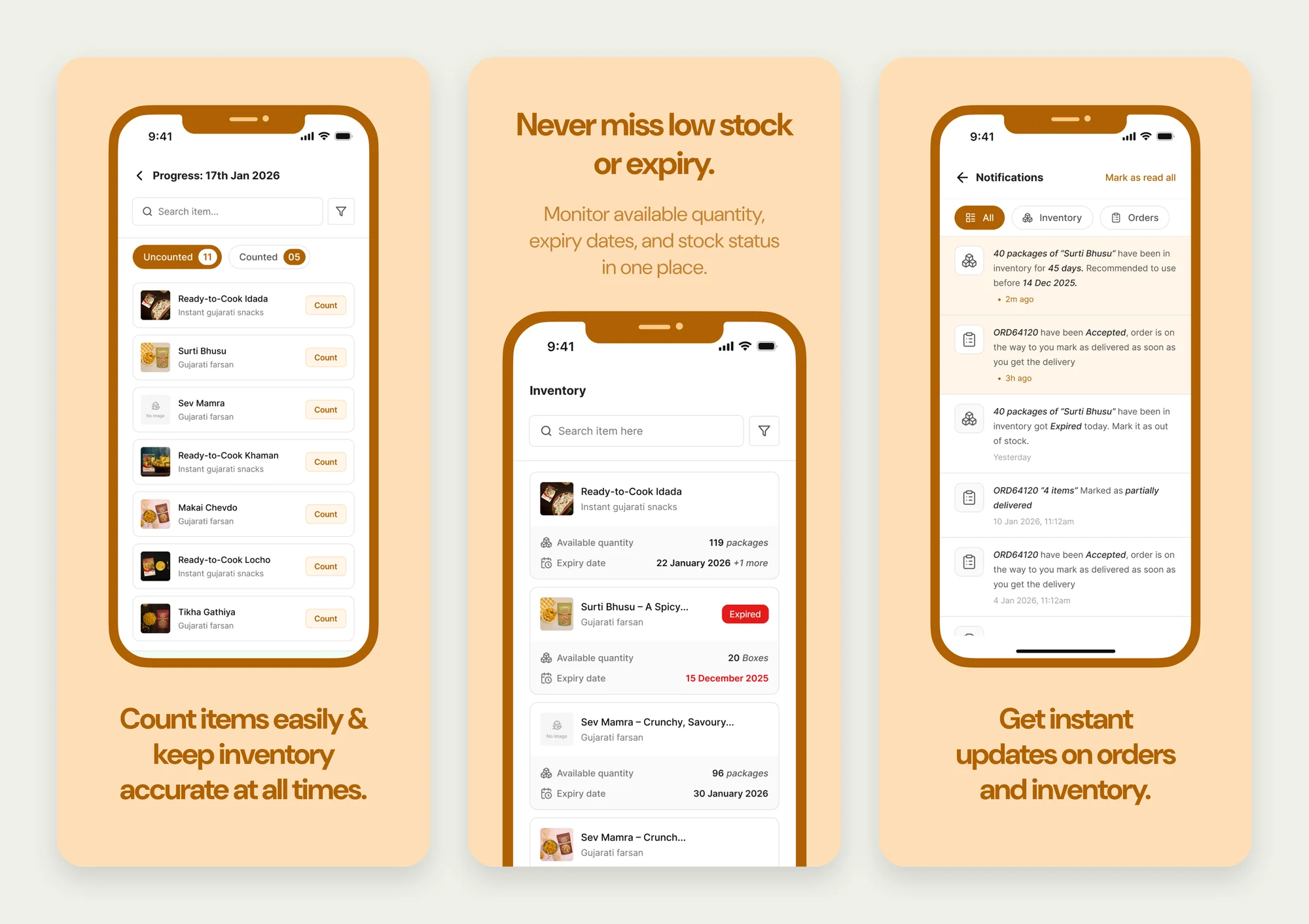 Three more MNK QSR app store screens: inter-outlet ordering, rewards and business reports.