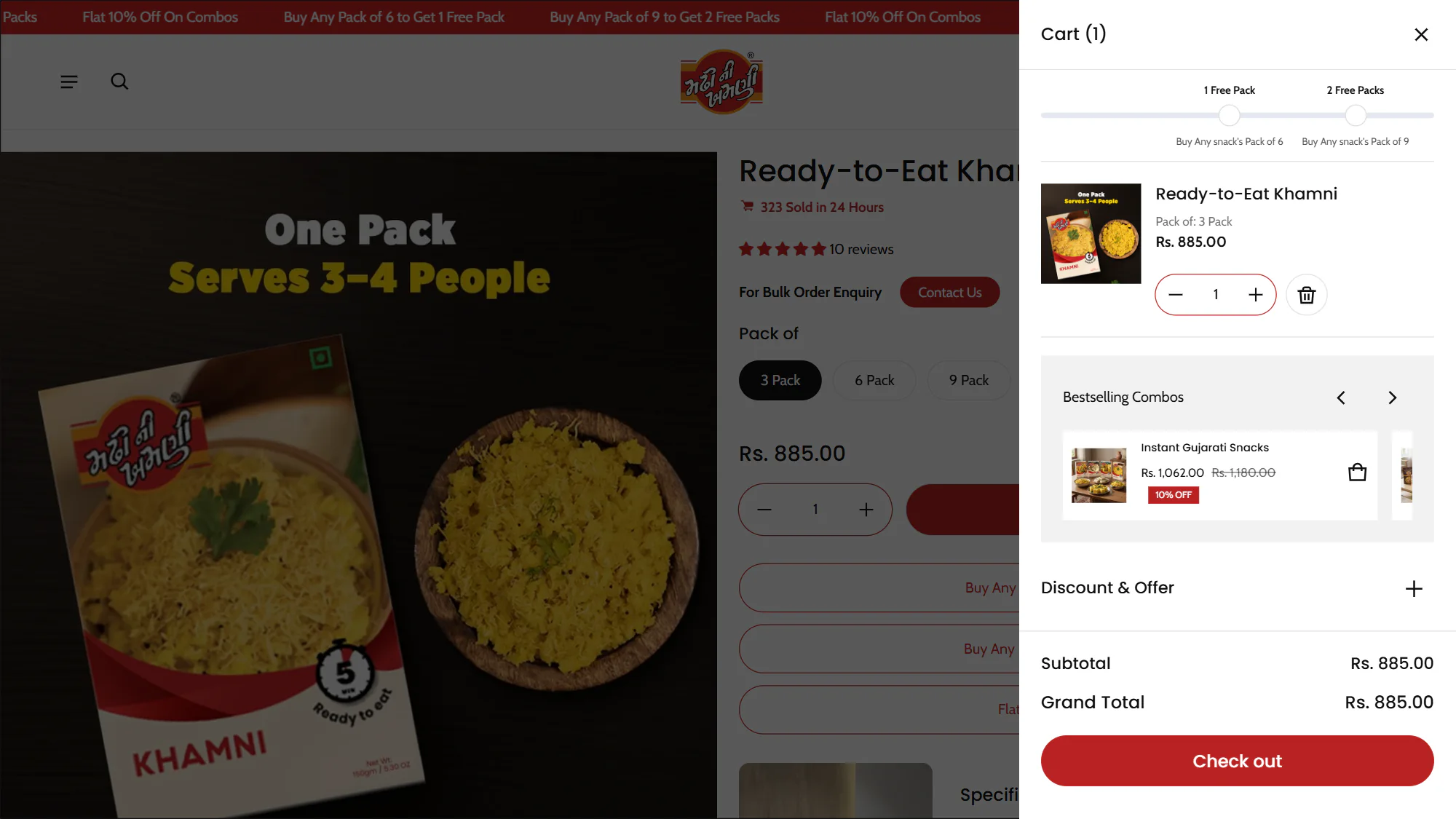 The MNK cart drawer: a 3 pack of Ready-to-Eat Khamni, a bar that unlocks one and then two free packs, bestselling combos, discounts and Check out.